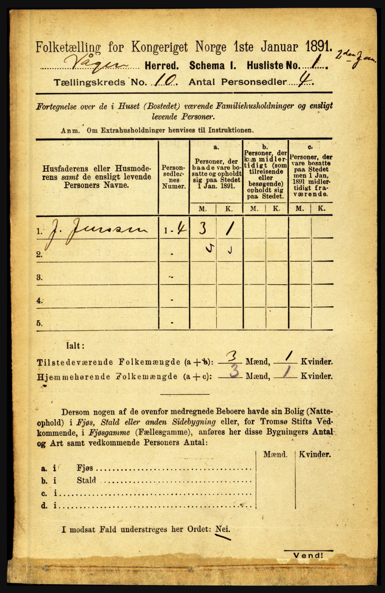 RA, 1891 census for 1865 Vågan, 1891, p. 2525