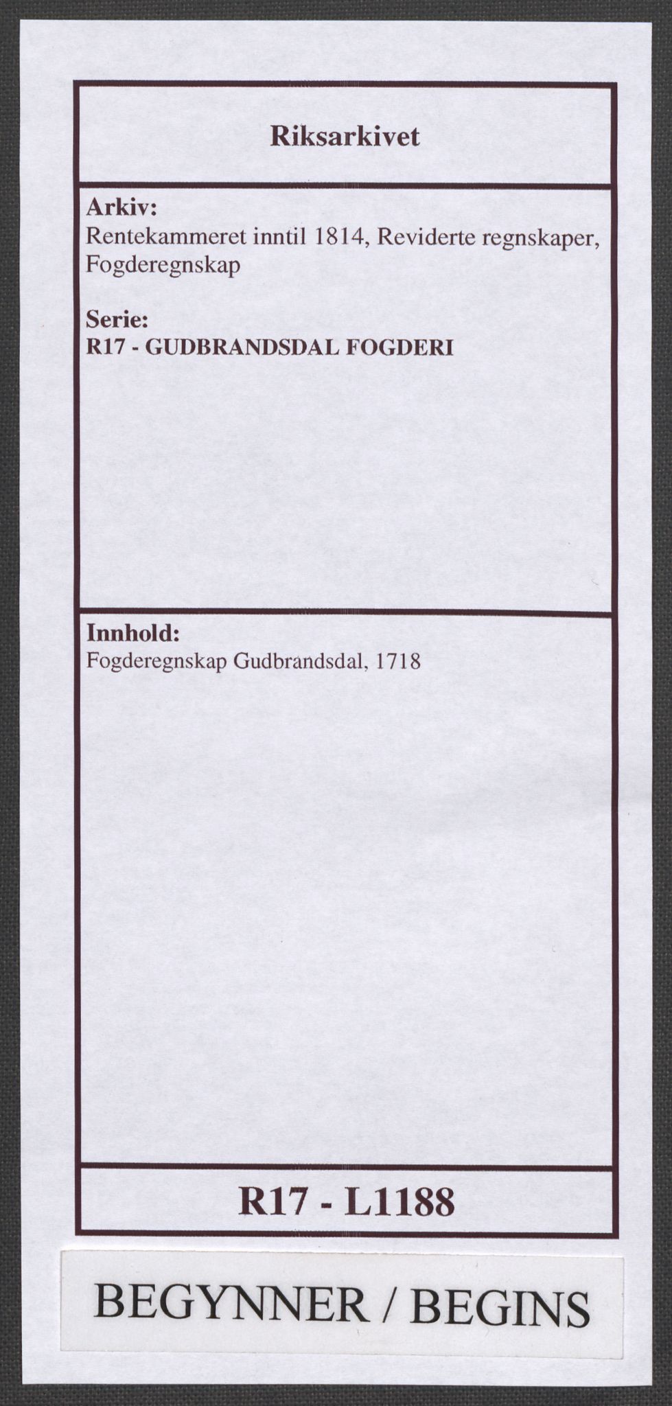 Rentekammeret inntil 1814, Reviderte regnskaper, Fogderegnskap, AV/RA-EA-4092/R17/L1188: Fogderegnskap Gudbrandsdal, 1718, p. 1