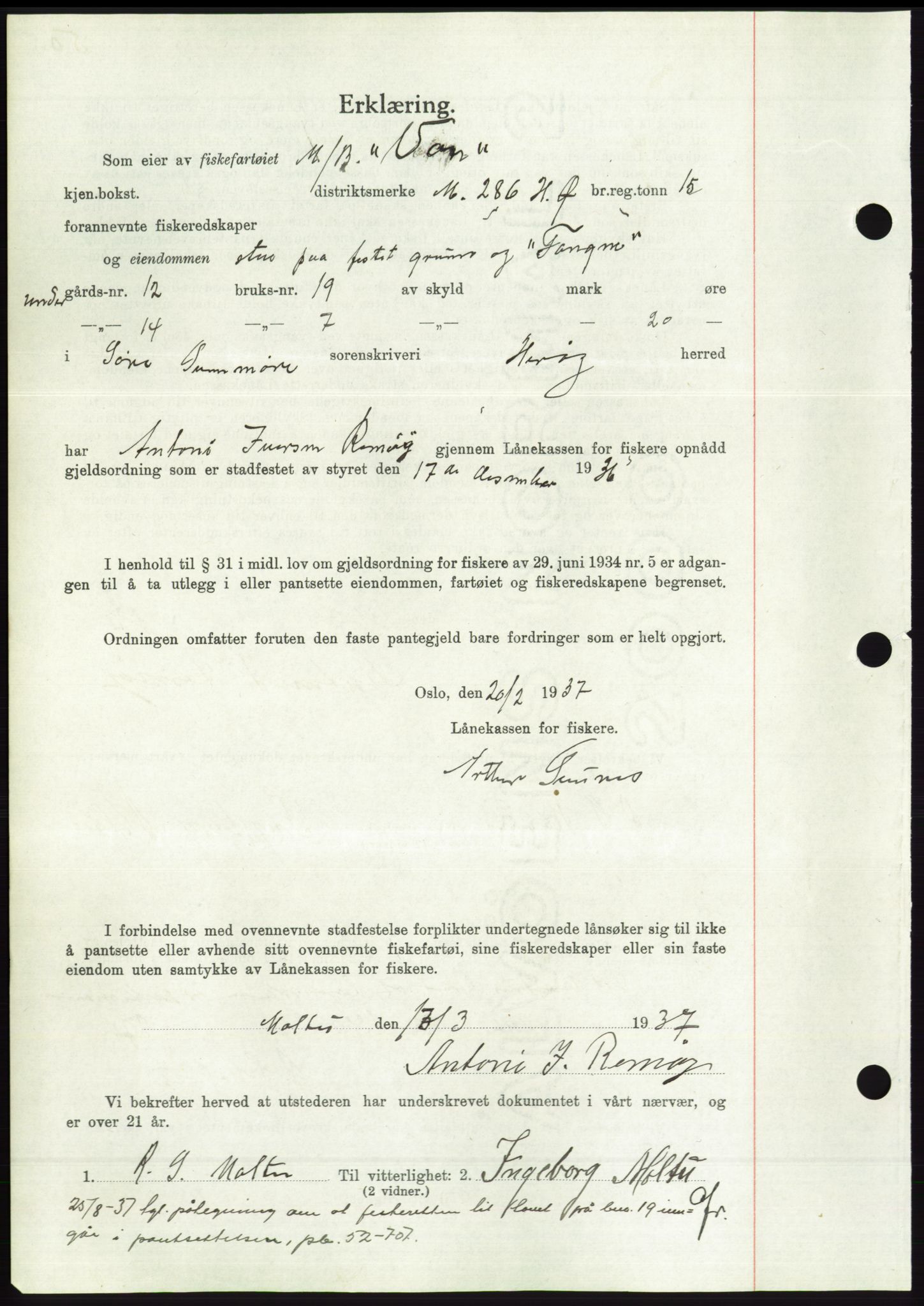 Søre Sunnmøre sorenskriveri, SAT/A-4122/1/2/2C/L0062: Mortgage book no. 56, 1936-1937, Diary no: : 433/1937