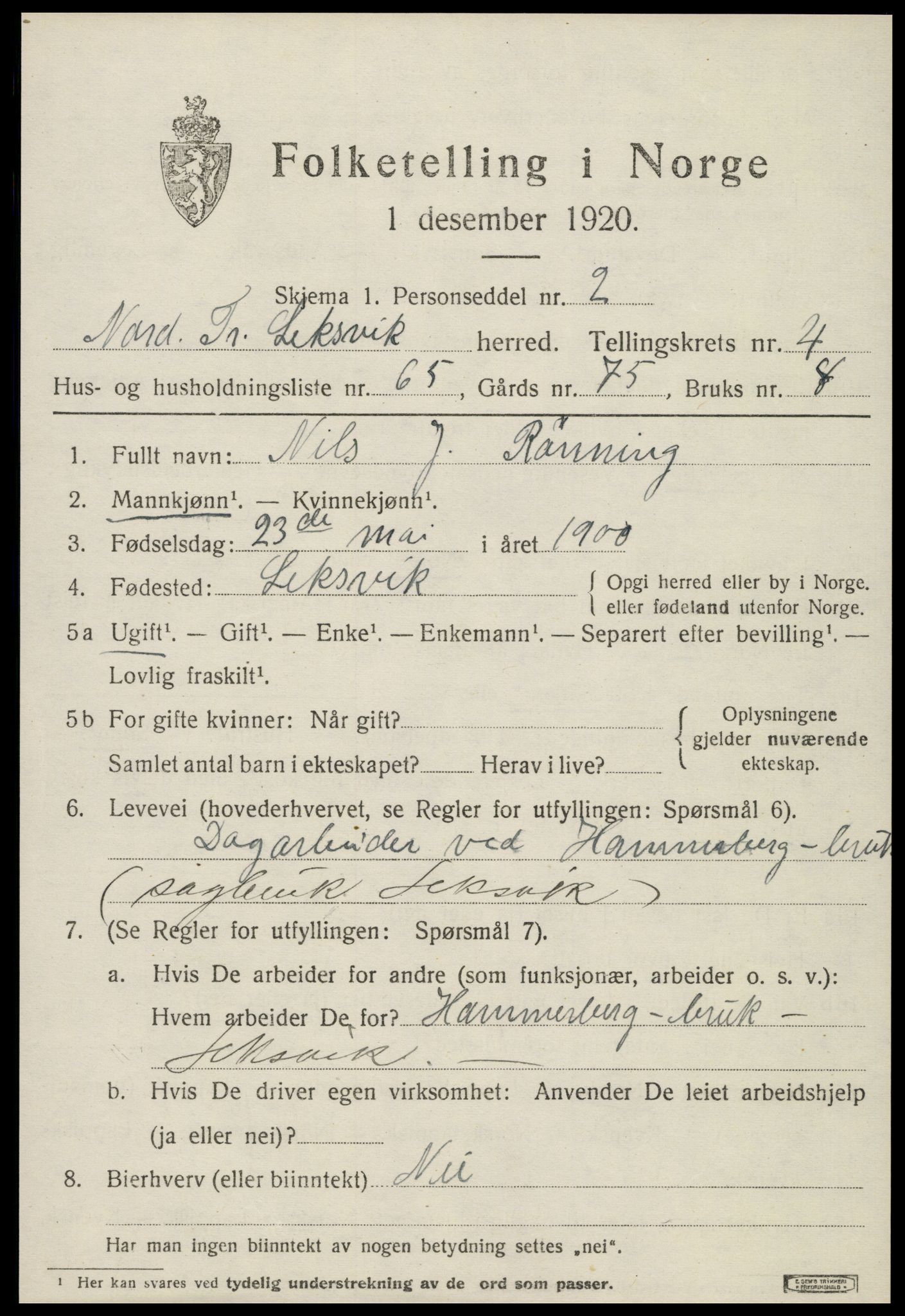 SAT, 1920 census for Leksvik, 1920, p. 4332