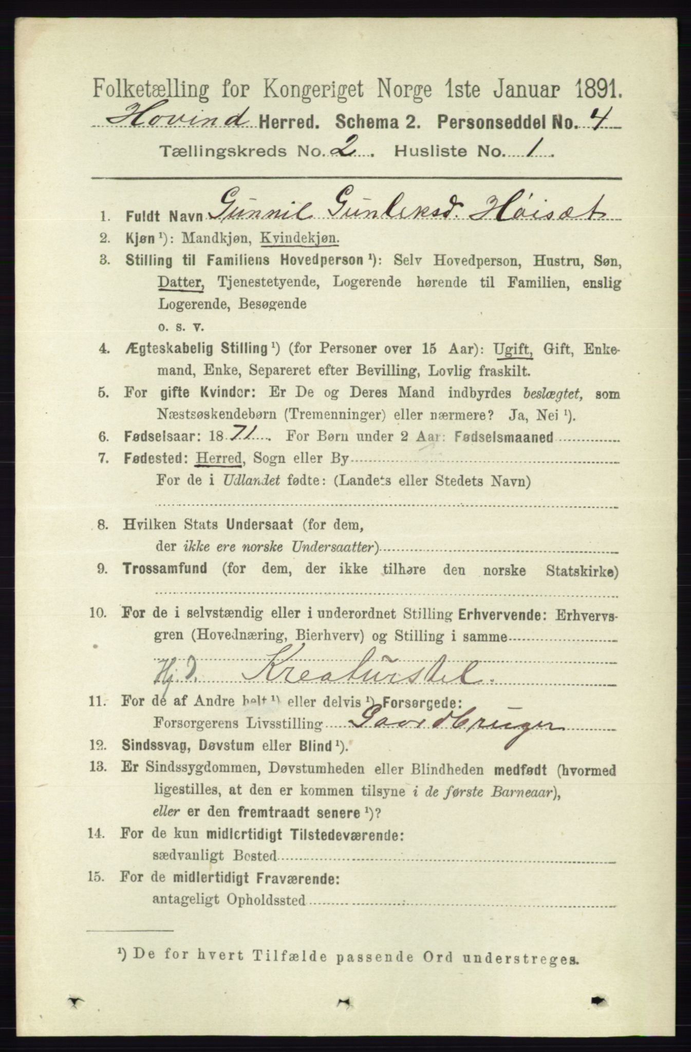 RA, 1891 census for 0825 Hovin, 1891, p. 493