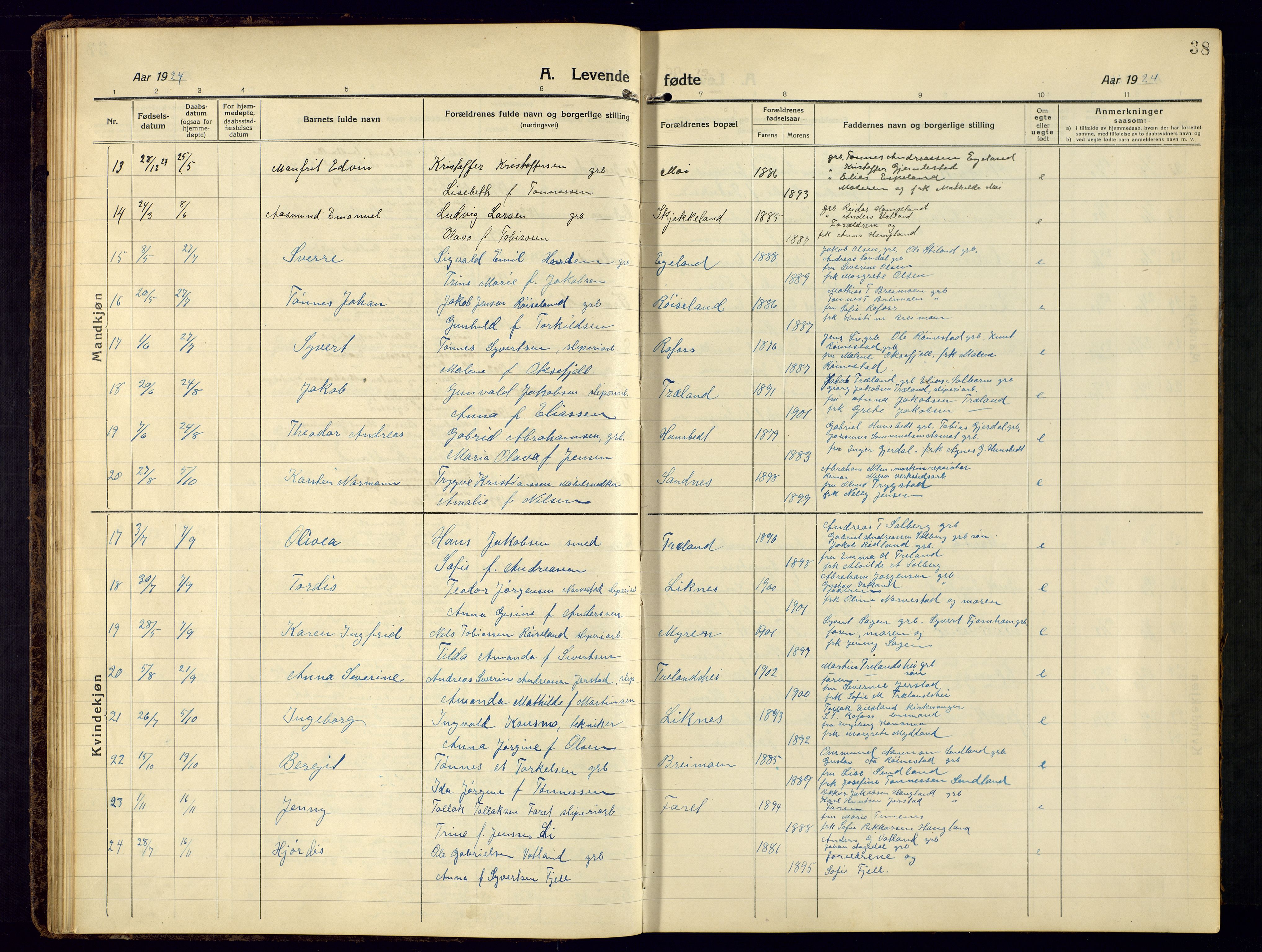 Kvinesdal sokneprestkontor, AV/SAK-1111-0026/F/Fb/Fbb/L0004: Parish register (copy) no. B 4, 1917-1938, p. 38