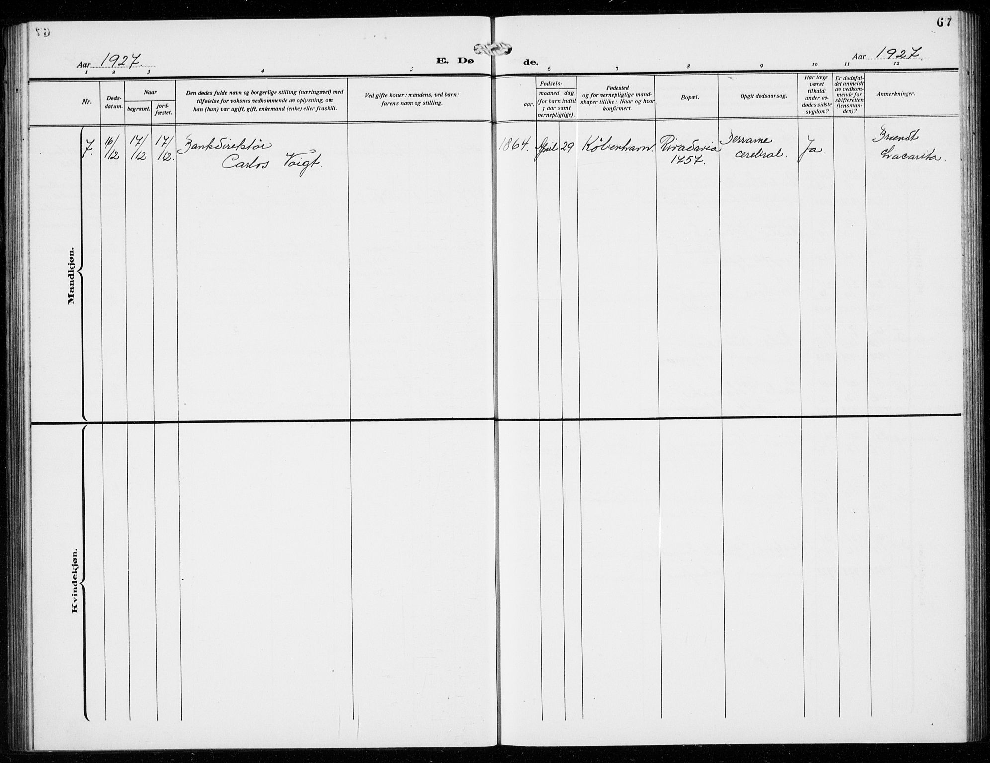 Den norske sjømannsmisjon i utlandet/Syd-Amerika (Buenos Aires m.fl.), SAB/SAB/PA-0118/H/Ha/L0003: Parish register (official) no. A 3, 1920-1938, p. 67