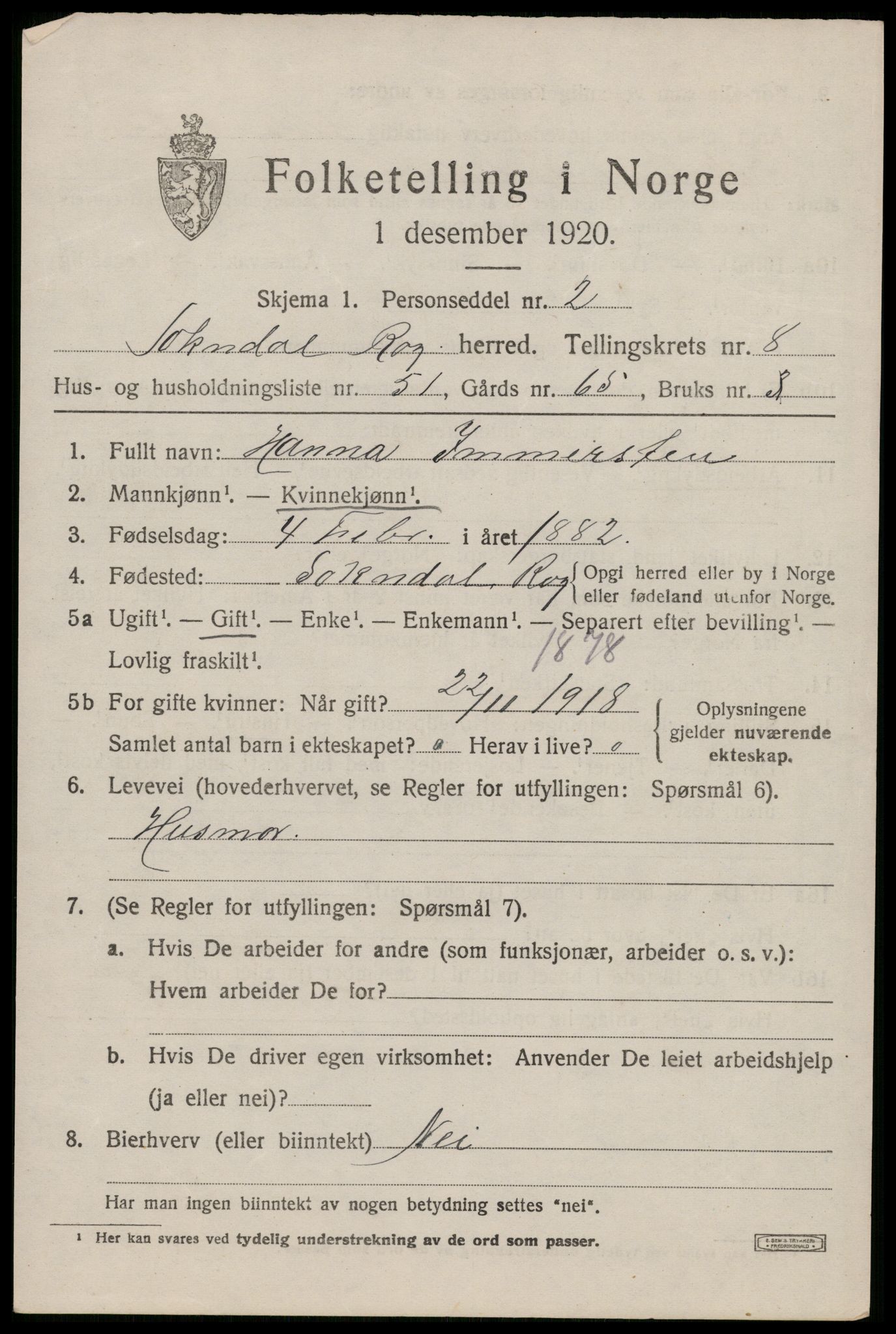 SAST, 1920 census for Sokndal, 1920, p. 5337