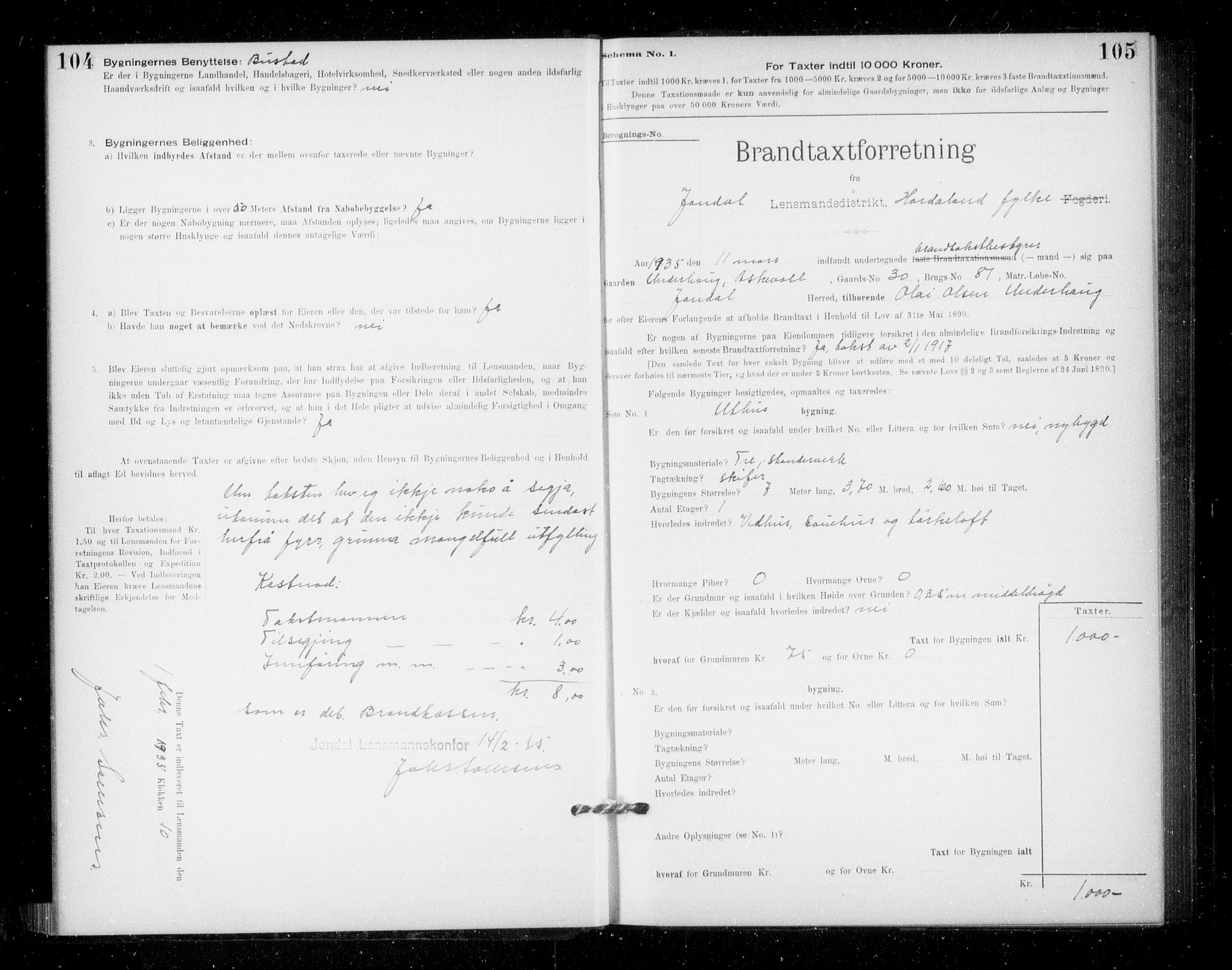 Lensmannen i Jondal, SAB/A-33101/0012/L0005: Branntakstprotokoll, skjematakst, 1894-1951, p. 104-105
