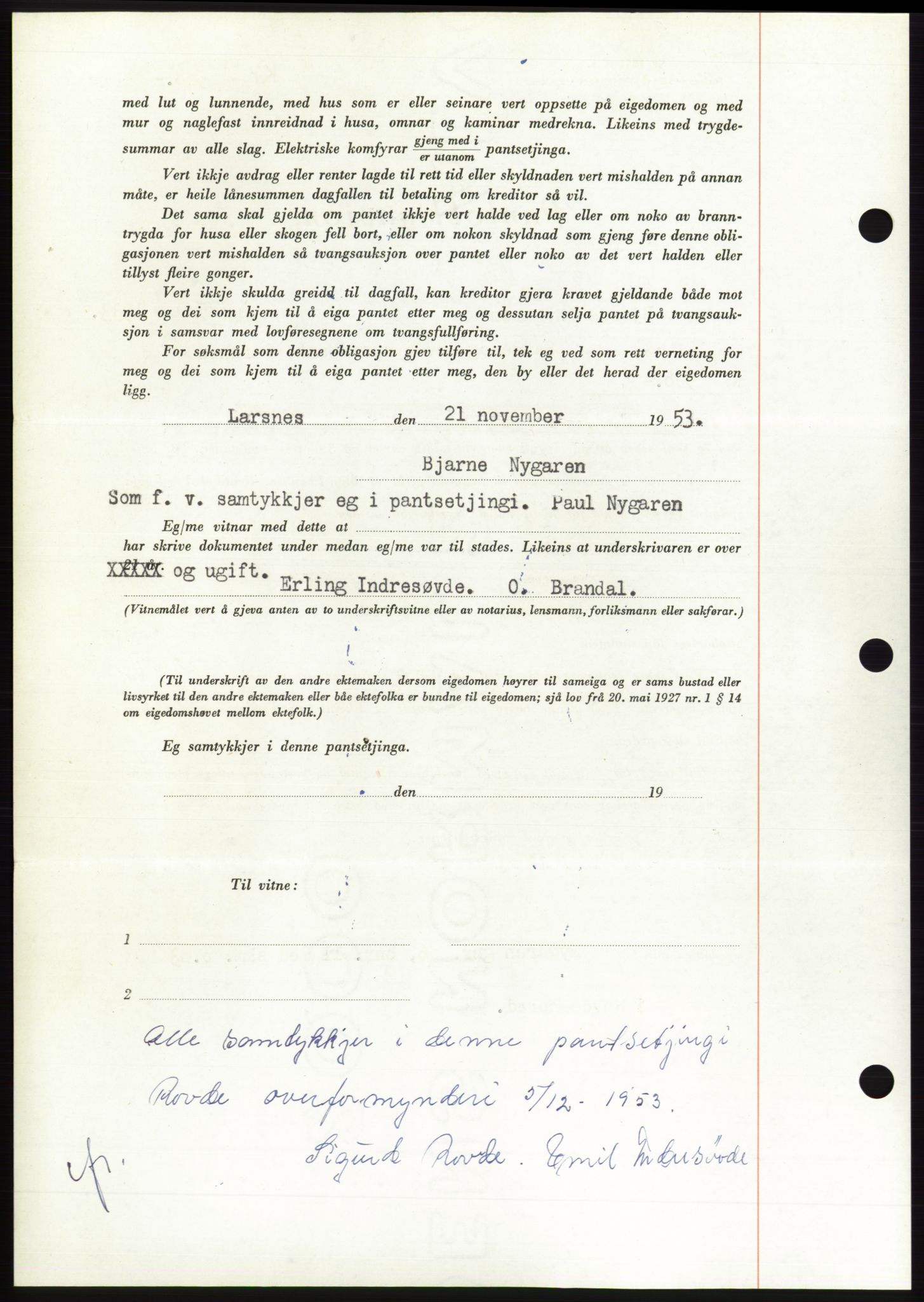 Søre Sunnmøre sorenskriveri, AV/SAT-A-4122/1/2/2C/L0124: Mortgage book no. 12B, 1953-1954, Diary no: : 3160/1953