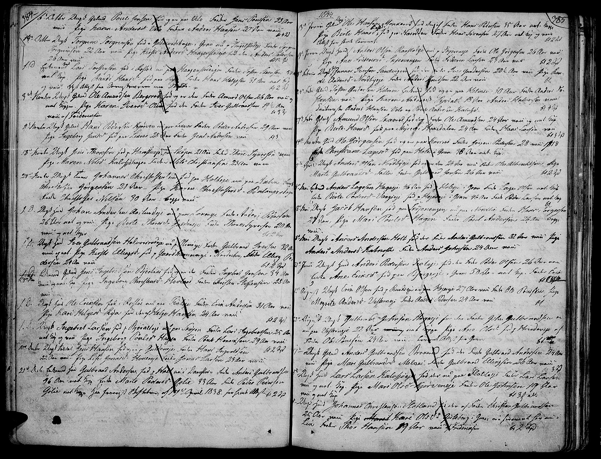 Jevnaker prestekontor, SAH/PREST-116/H/Ha/Haa/L0004: Parish register (official) no. 4, 1800-1861, p. 384-385