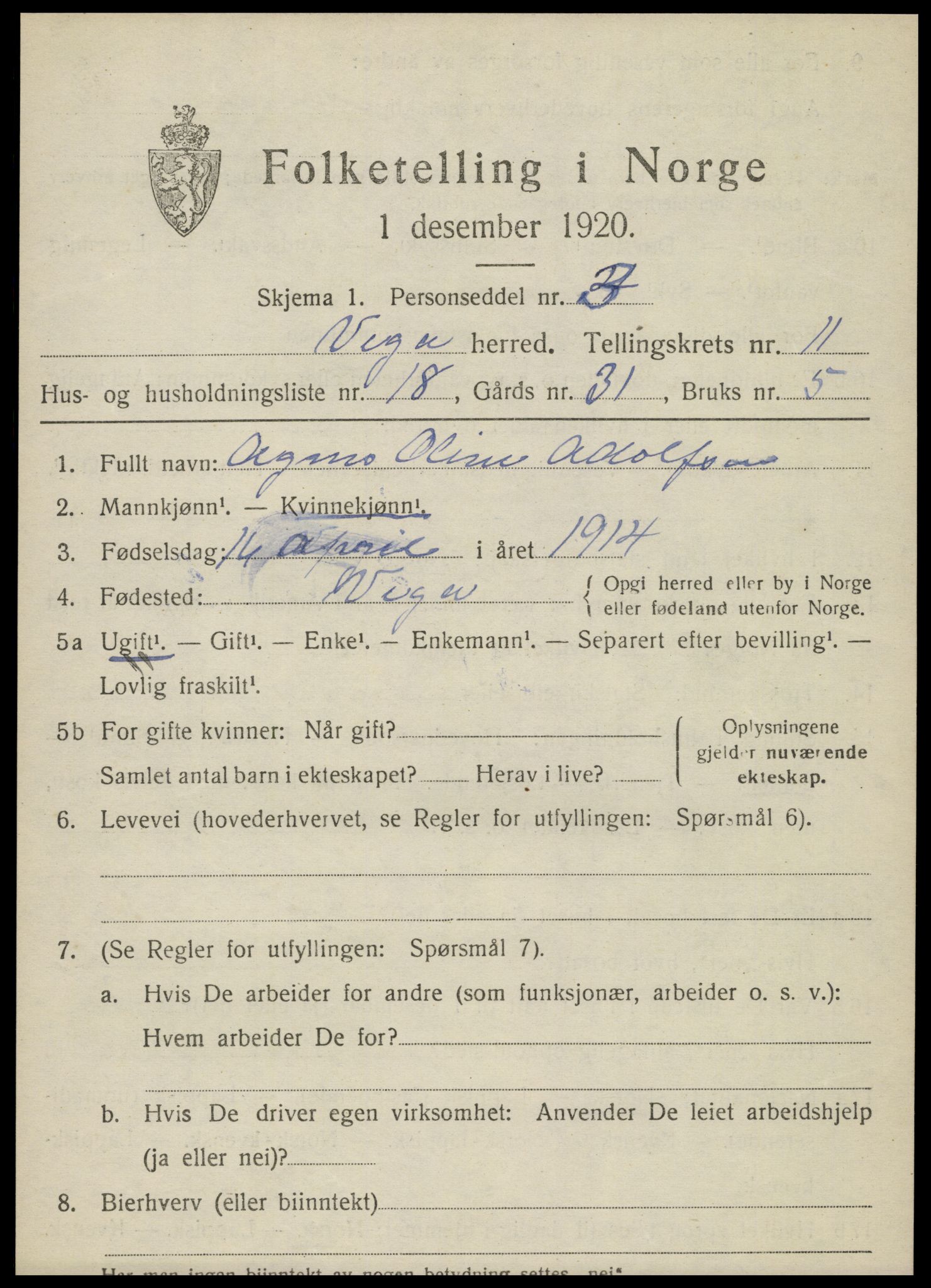 SAT, 1920 census for Vega, 1920, p. 5733