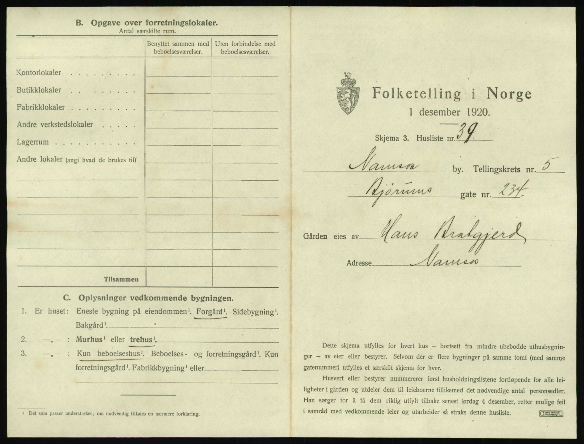 SAT, 1920 census for Namsos, 1920, p. 599