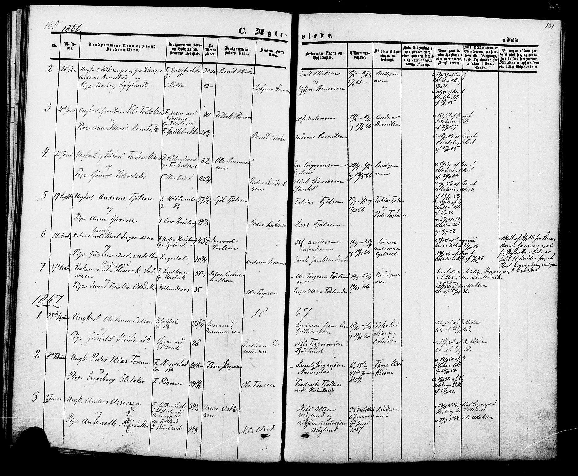 Fjotland sokneprestkontor, SAK/1111-0010/F/Fa/L0001: Parish register (official) no. A 1, 1850-1879, p. 151