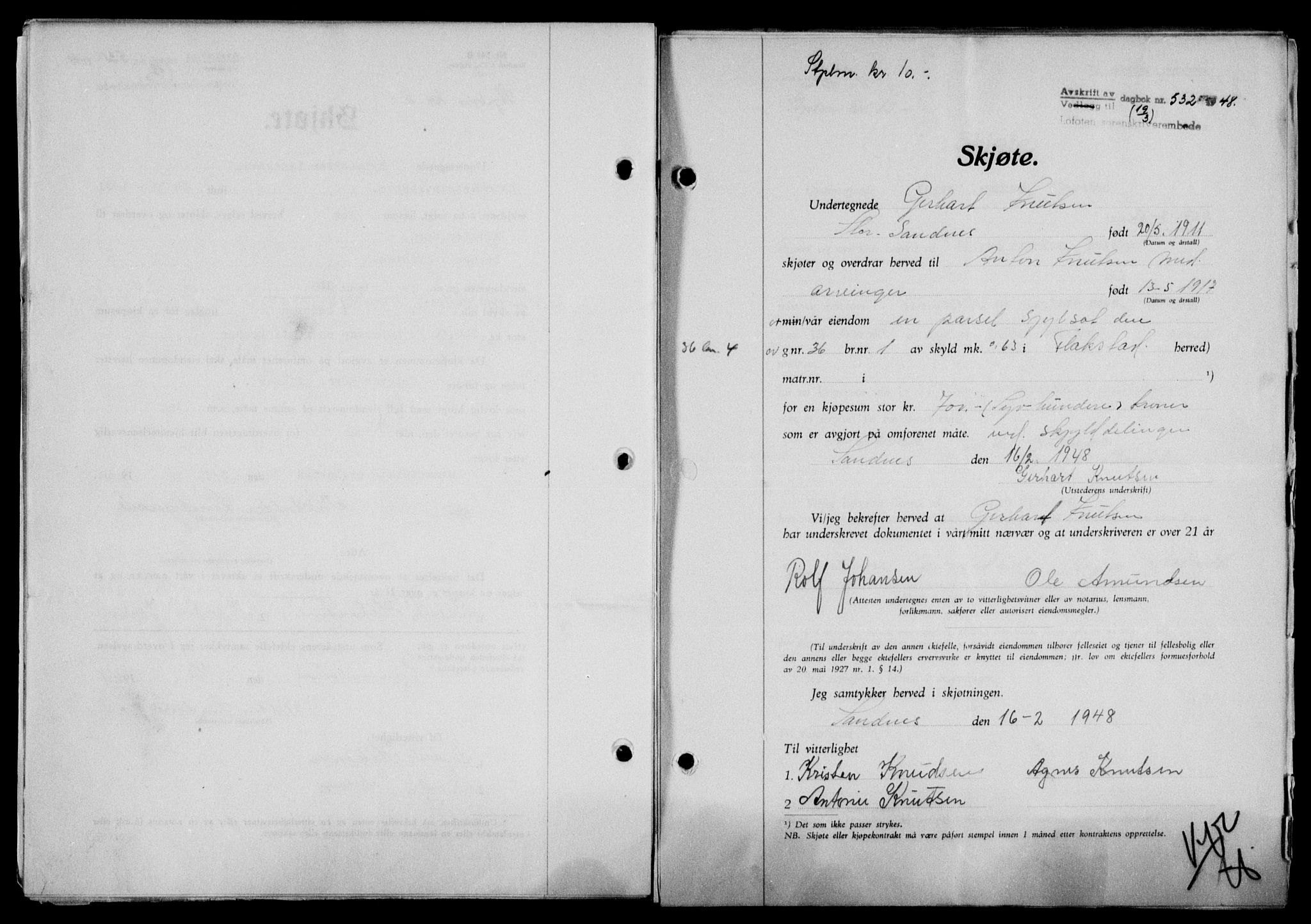 Lofoten sorenskriveri, SAT/A-0017/1/2/2C/L0018a: Mortgage book no. 18a, 1948-1948, Diary no: : 532/1948