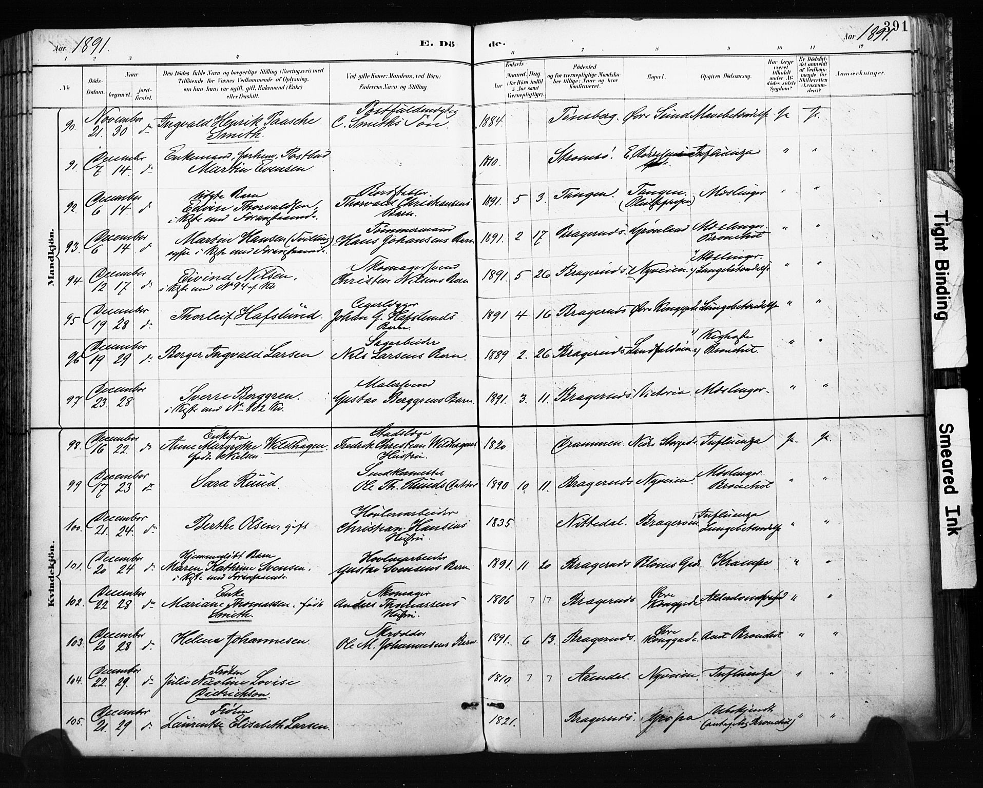 Bragernes kirkebøker, SAKO/A-6/F/Fb/L0007: Parish register (official) no. II 7, 1885-1893, p. 391