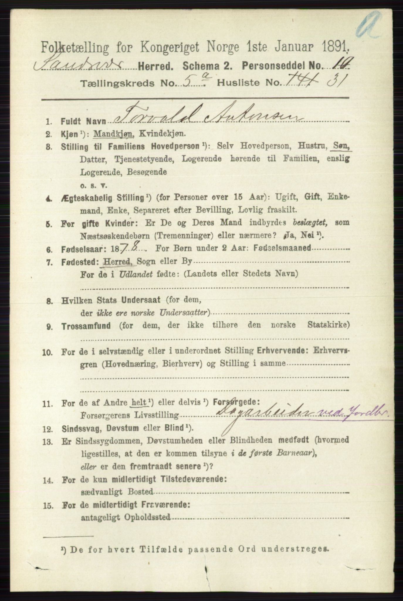 RA, 1891 census for 0629 Sandsvær, 1891, p. 2672