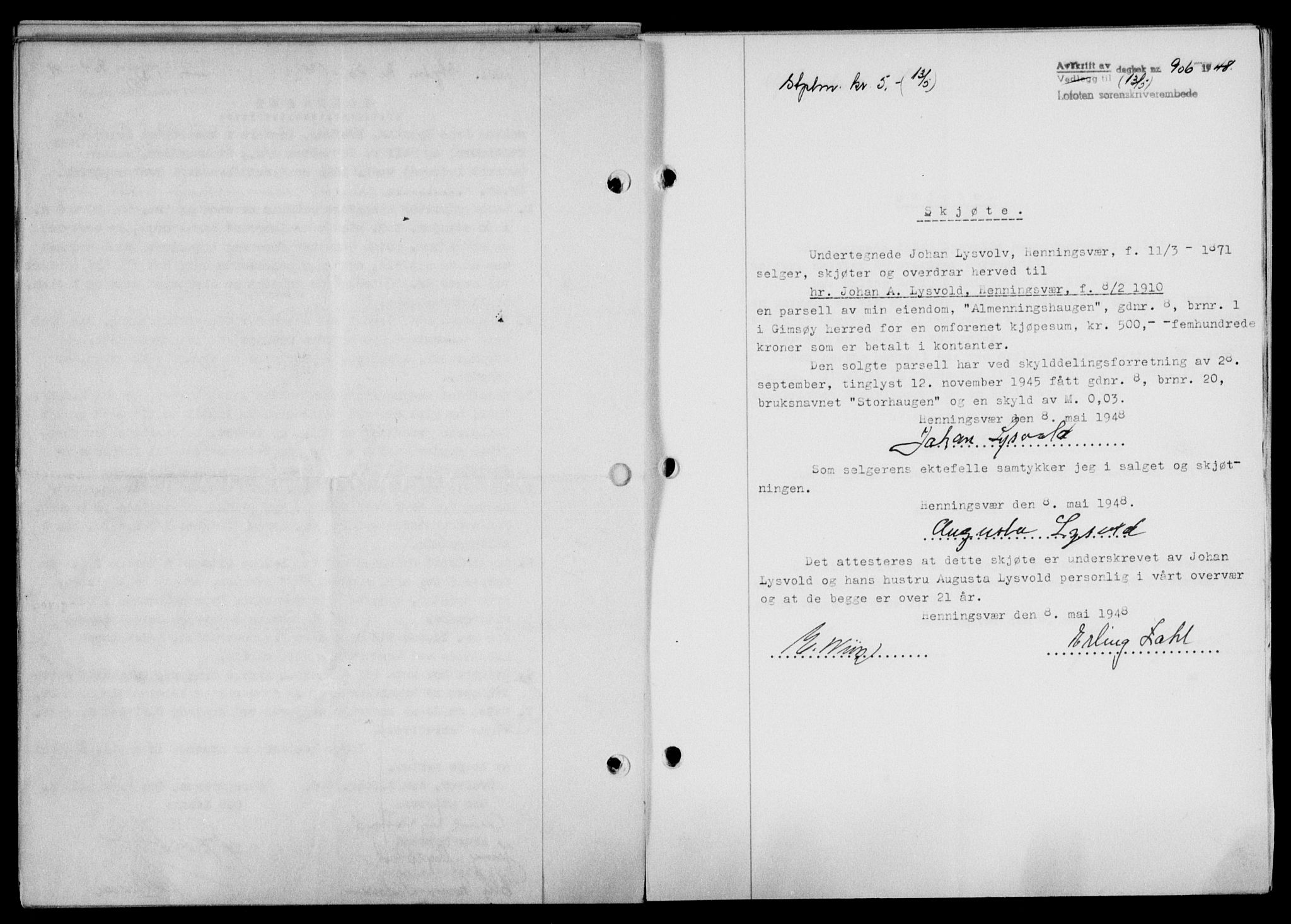 Lofoten sorenskriveri, SAT/A-0017/1/2/2C/L0018a: Mortgage book no. 18a, 1948-1948, Diary no: : 906/1948