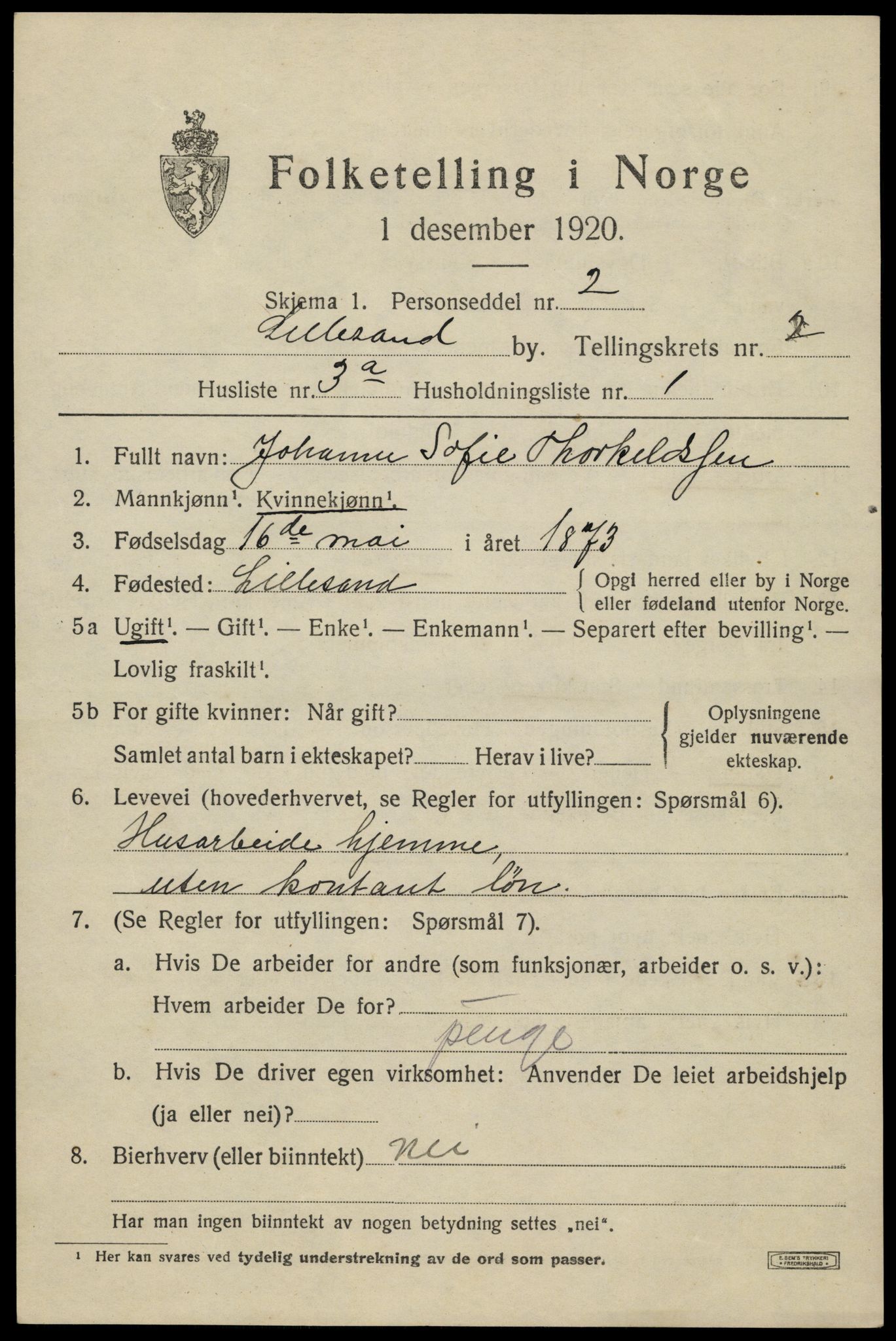 SAK, 1920 census for Lillesand, 1920, p. 2333