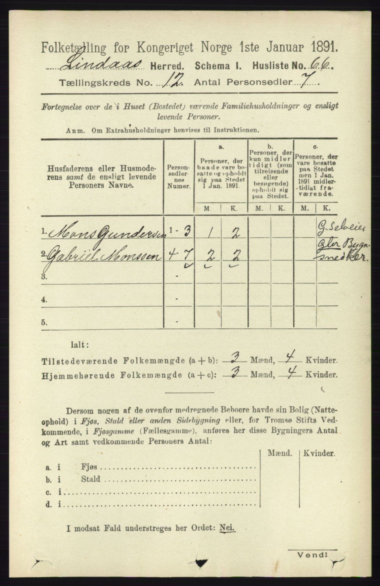 RA, 1891 census for 1263 Lindås, 1891, p. 4033