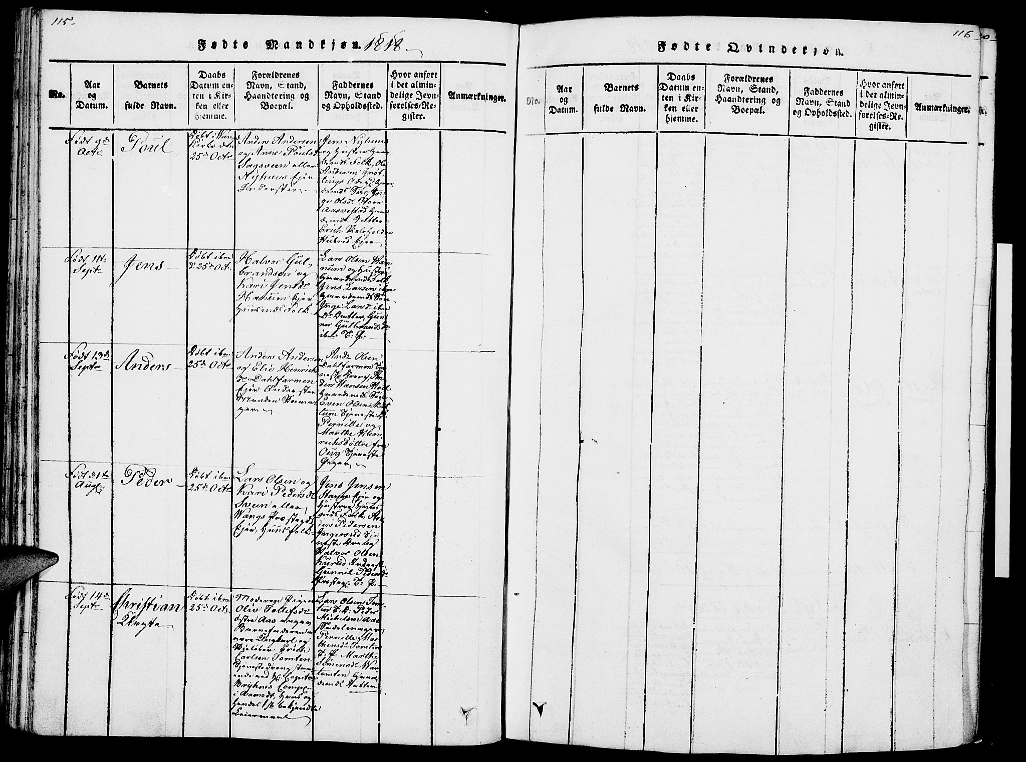 Vang prestekontor, Hedmark, SAH/PREST-008/H/Ha/Haa/L0007: Parish register (official) no. 7, 1813-1826, p. 115-116