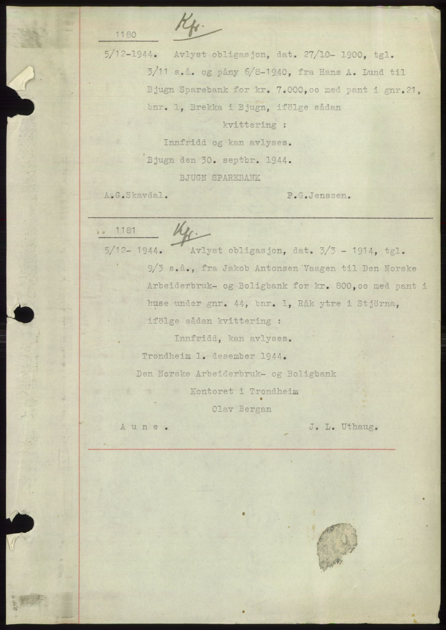 Fosen sorenskriveri, AV/SAT-A-1107/1/2/2C: Mortgage book no. B1, 1943-1946, Diary no: : 1180/1944