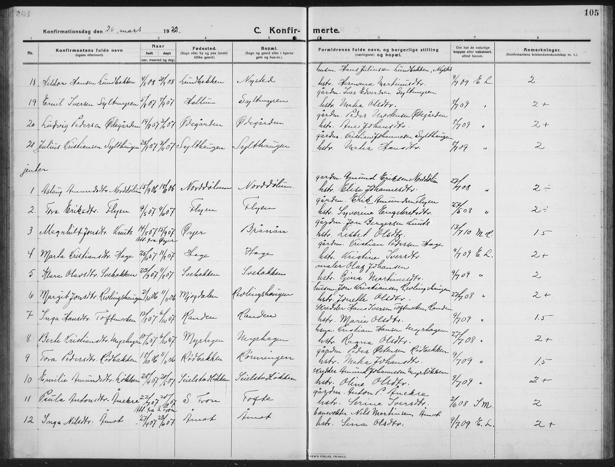 Ringebu prestekontor, SAH/PREST-082/H/Ha/Hab/L0010: Parish register (copy) no. 10, 1911-1934, p. 105