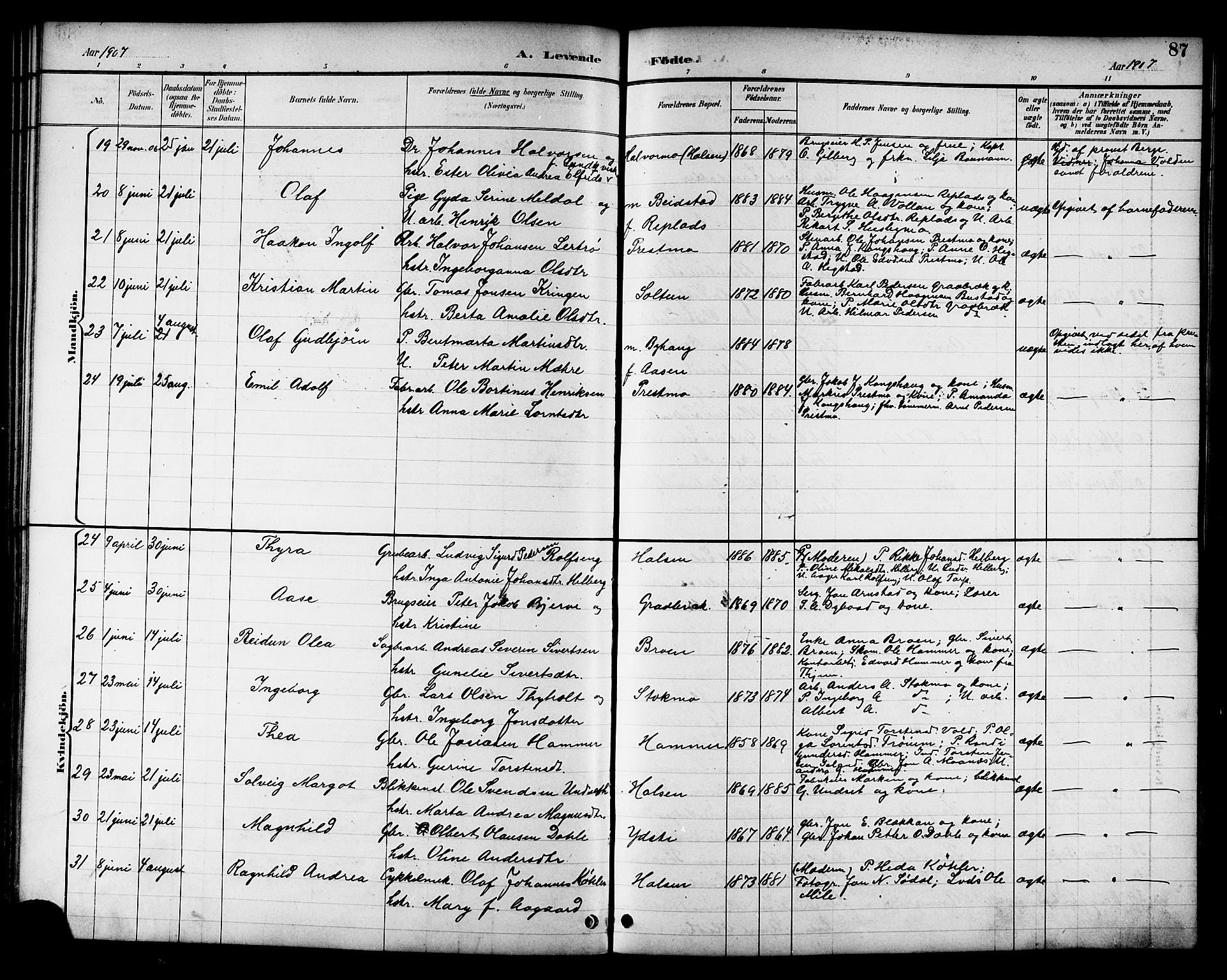 Ministerialprotokoller, klokkerbøker og fødselsregistre - Nord-Trøndelag, AV/SAT-A-1458/709/L0087: Parish register (copy) no. 709C01, 1892-1913, p. 87