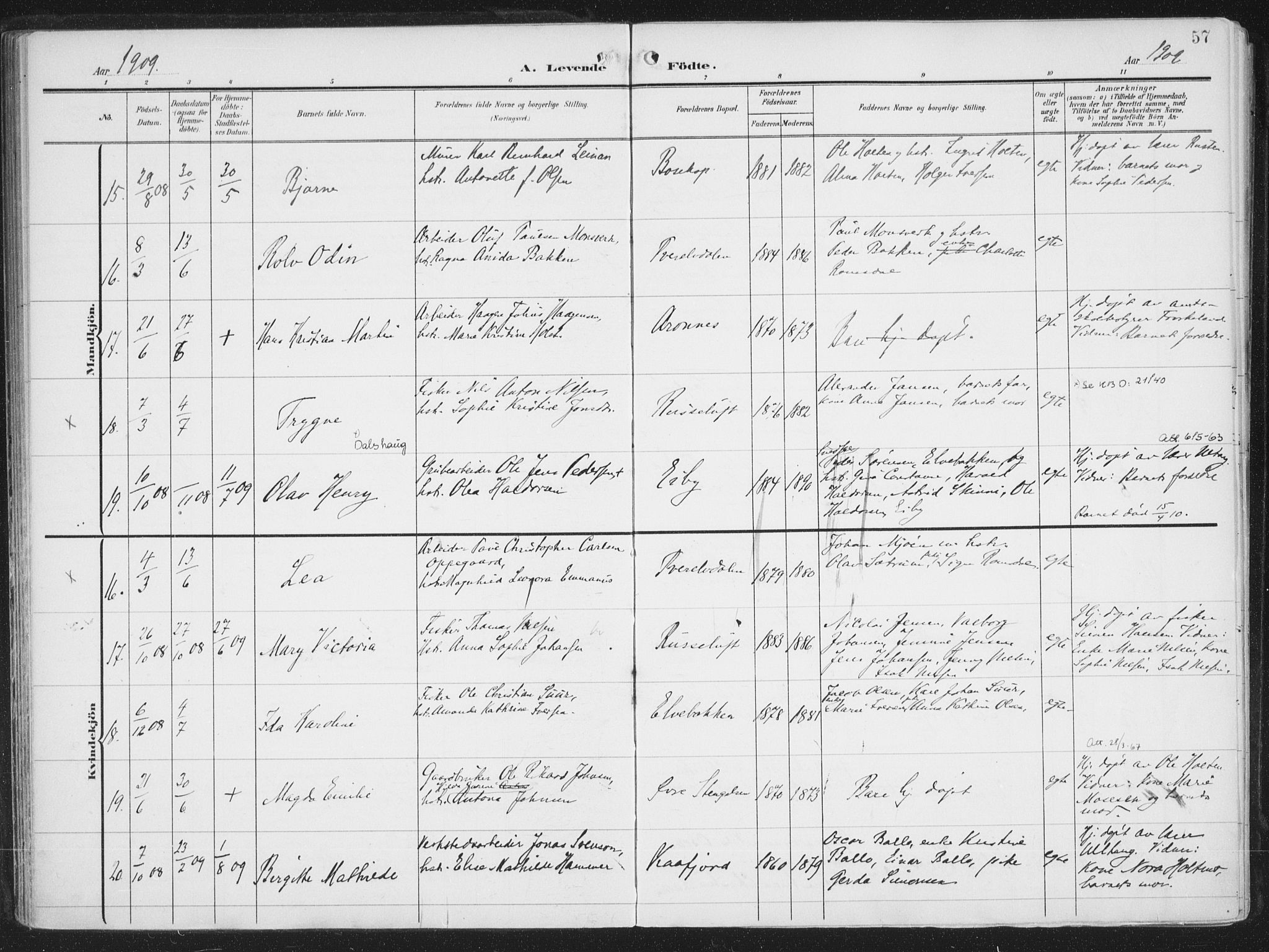 Alta sokneprestkontor, AV/SATØ-S-1338/H/Ha/L0005.kirke: Parish register (official) no. 5, 1904-1918, p. 57