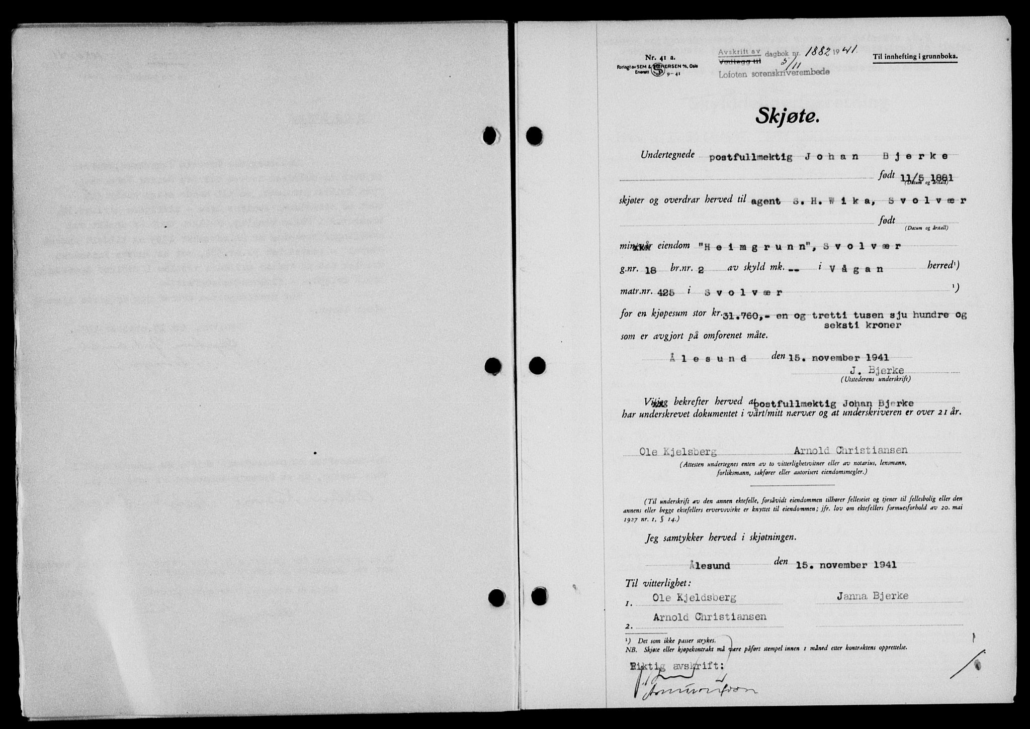 Lofoten sorenskriveri, SAT/A-0017/1/2/2C/L0009a: Mortgage book no. 9a, 1941-1942, Diary no: : 1882/1941