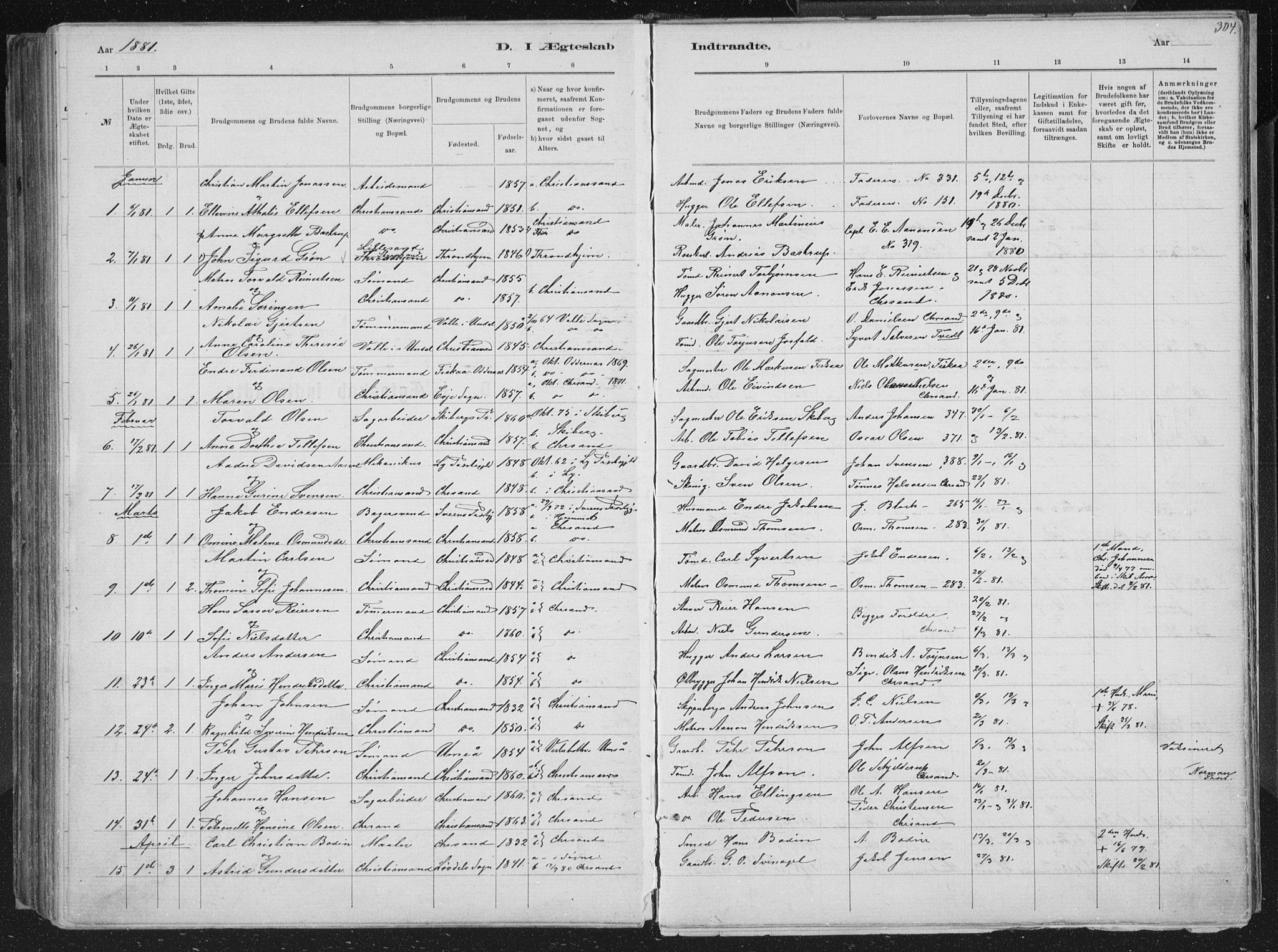 Kristiansand domprosti, SAK/1112-0006/F/Fb/L0014: Parish register (copy) no. B 14, 1881-1896, p. 304