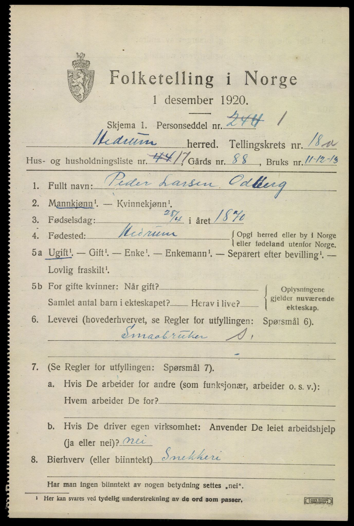 SAKO, 1920 census for Hedrum, 1920, p. 10985