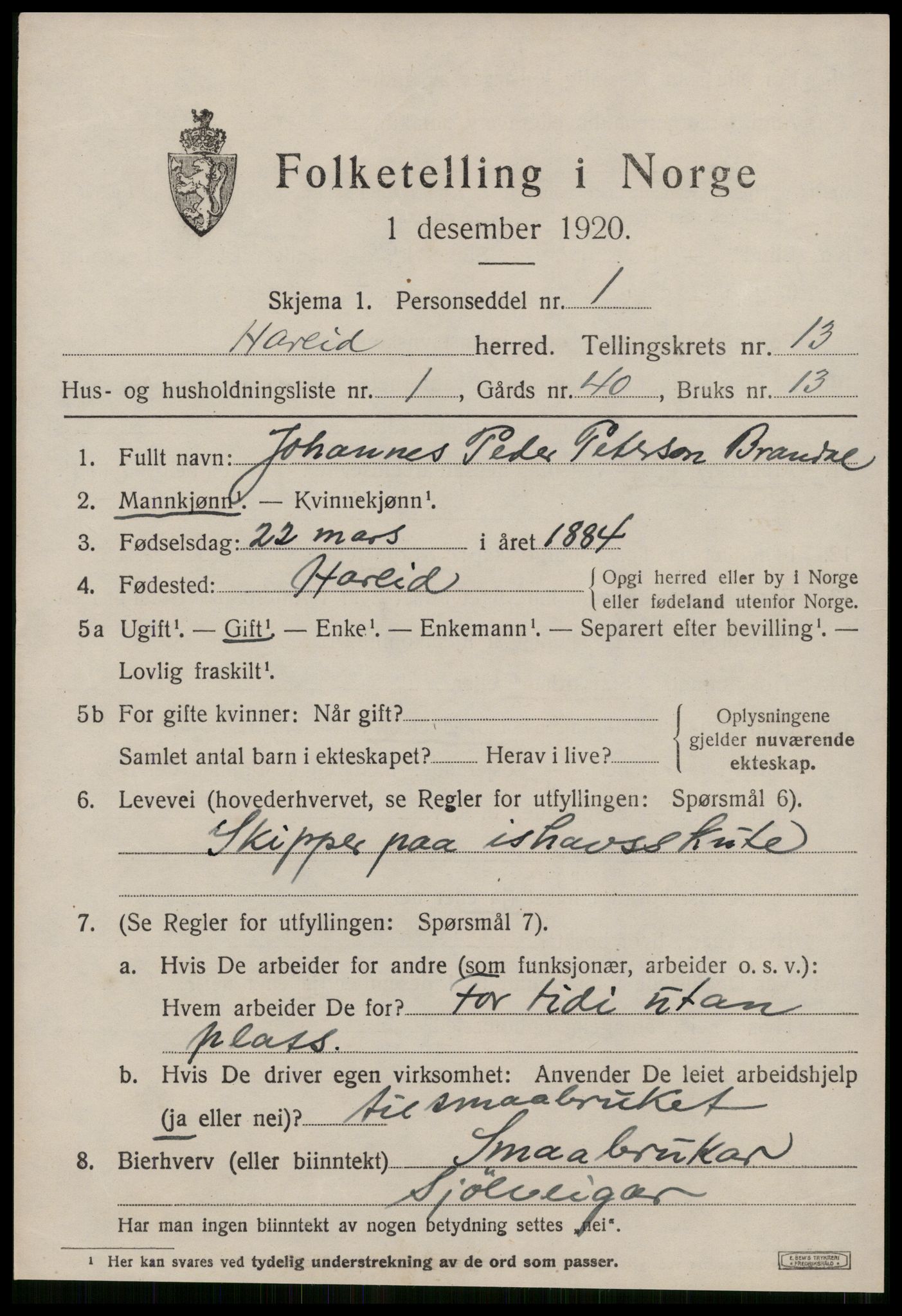 SAT, 1920 census for Hareid, 1920, p. 4929