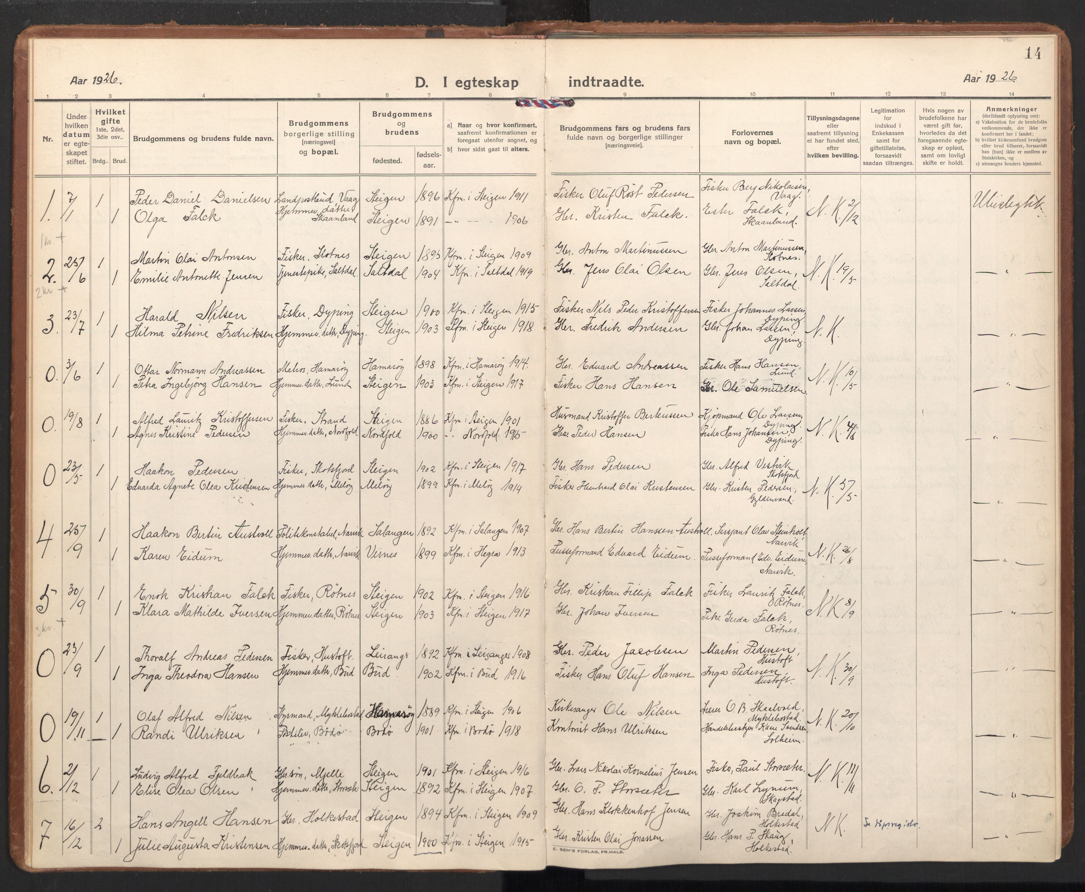 Ministerialprotokoller, klokkerbøker og fødselsregistre - Nordland, AV/SAT-A-1459/855/L0809: Parish register (official) no. 855A18, 1921-1939, p. 14