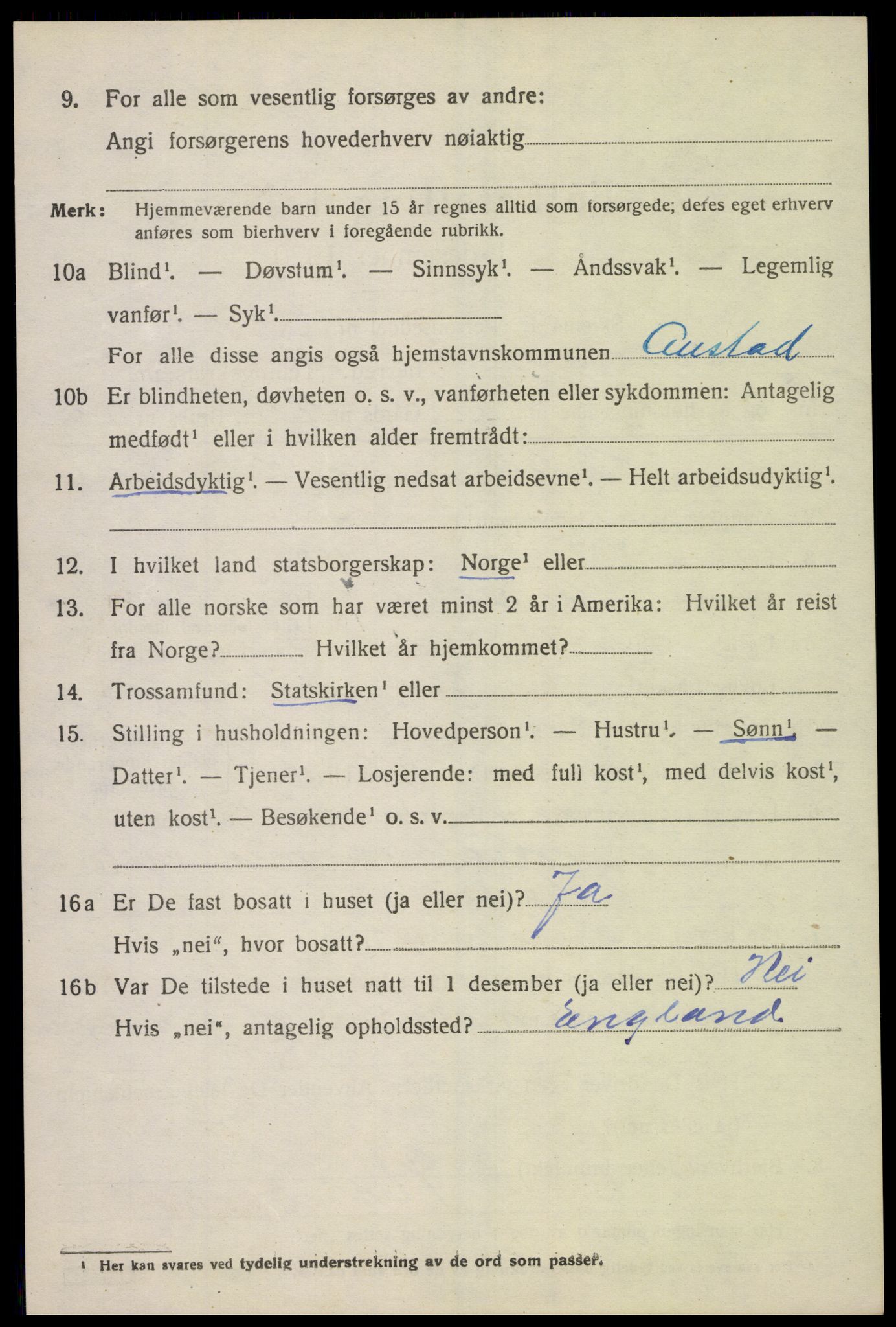 SAK, 1920 census for Austad, 1920, p. 1410