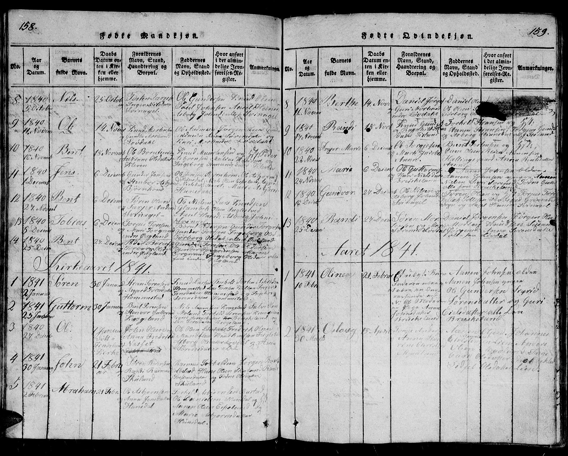 Holum sokneprestkontor, AV/SAK-1111-0022/F/Fb/Fbb/L0001: Parish register (copy) no. B 1, 1820-1847, p. 158-159