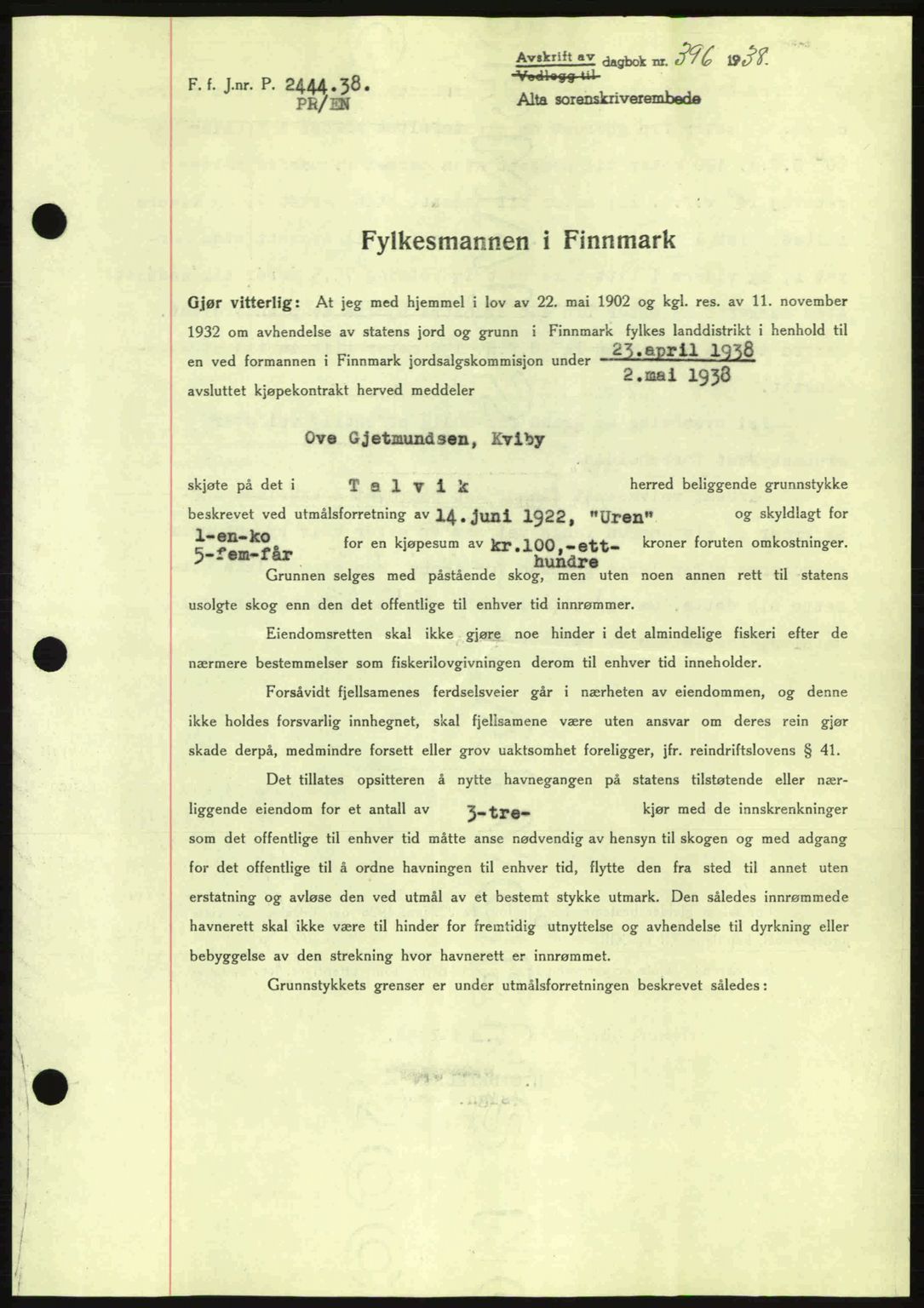 Alta fogderi/sorenskriveri, SATØ/SATØ-5/1/K/Kd/L0031pantebok: Mortgage book no. 31, 1938-1939, Diary no: : 396/1938