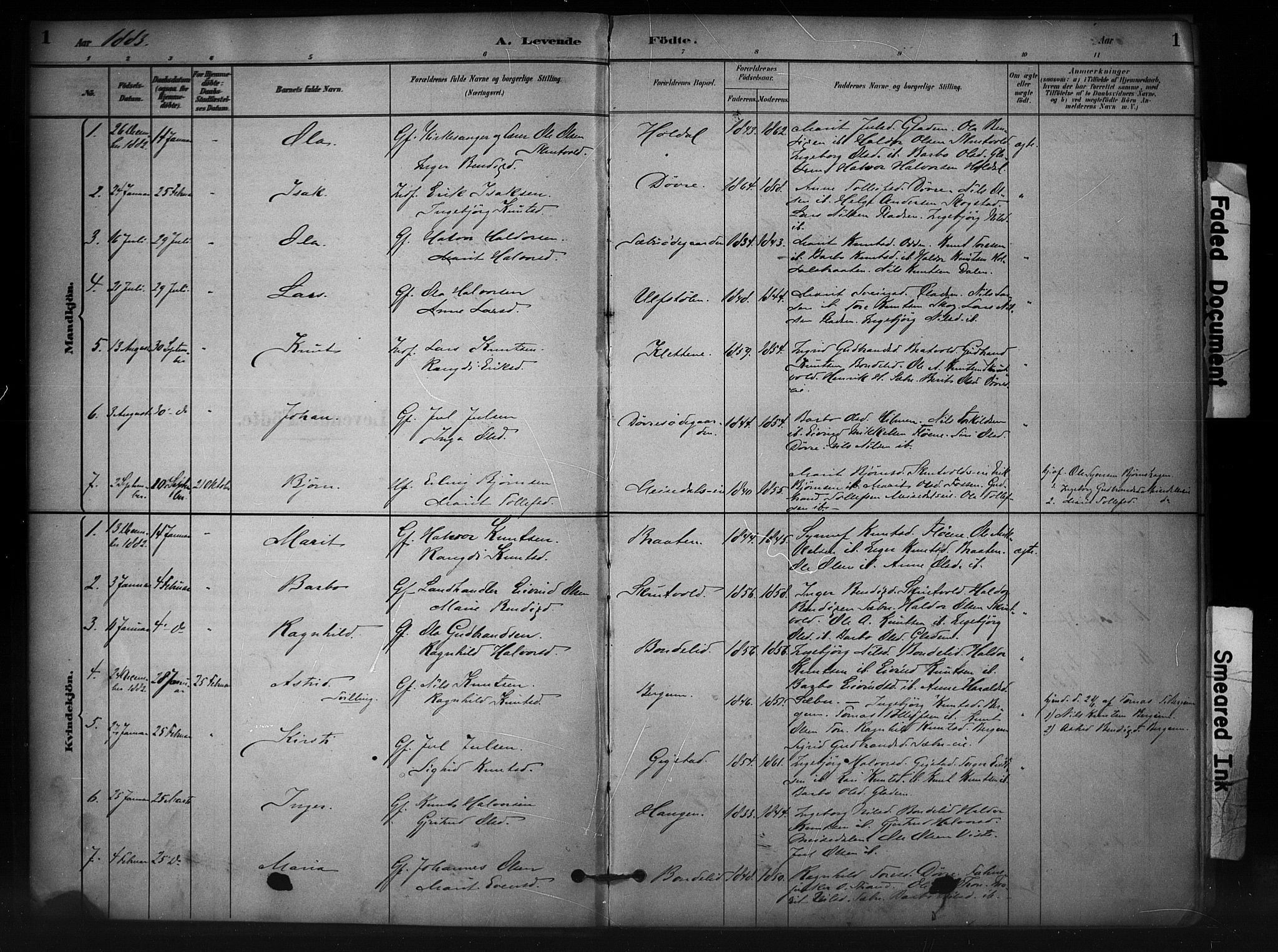 Nord-Aurdal prestekontor, AV/SAH-PREST-132/H/Ha/Haa/L0012: Parish register (official) no. 12, 1883-1895, p. 1