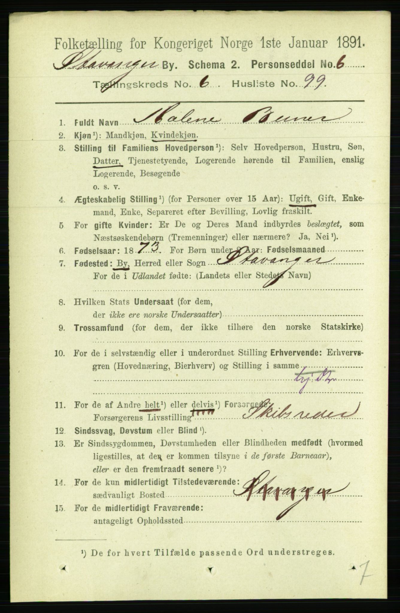 RA, 1891 census for 1103 Stavanger, 1891, p. 10887