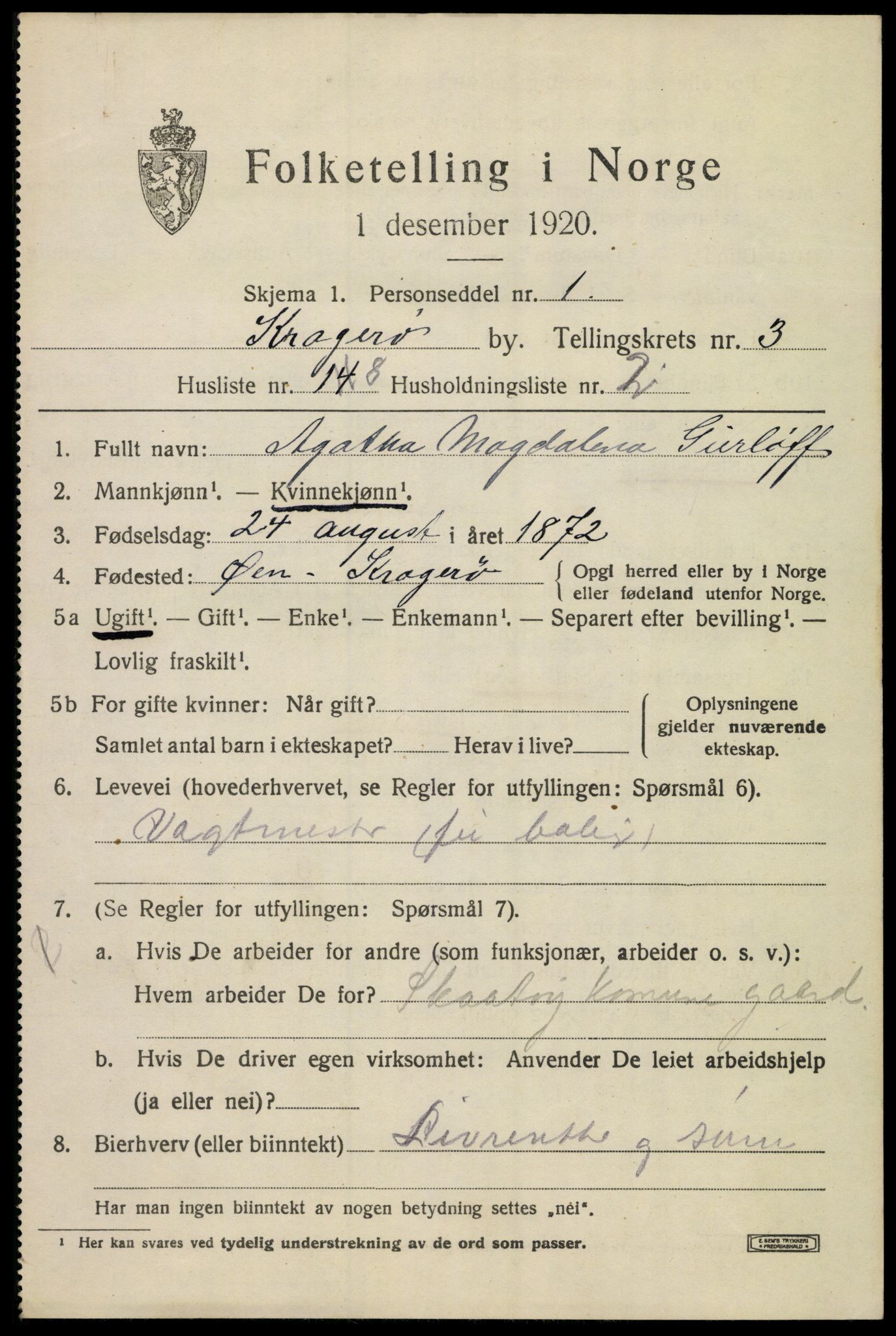 SAKO, 1920 census for Kragerø, 1920, p. 7275