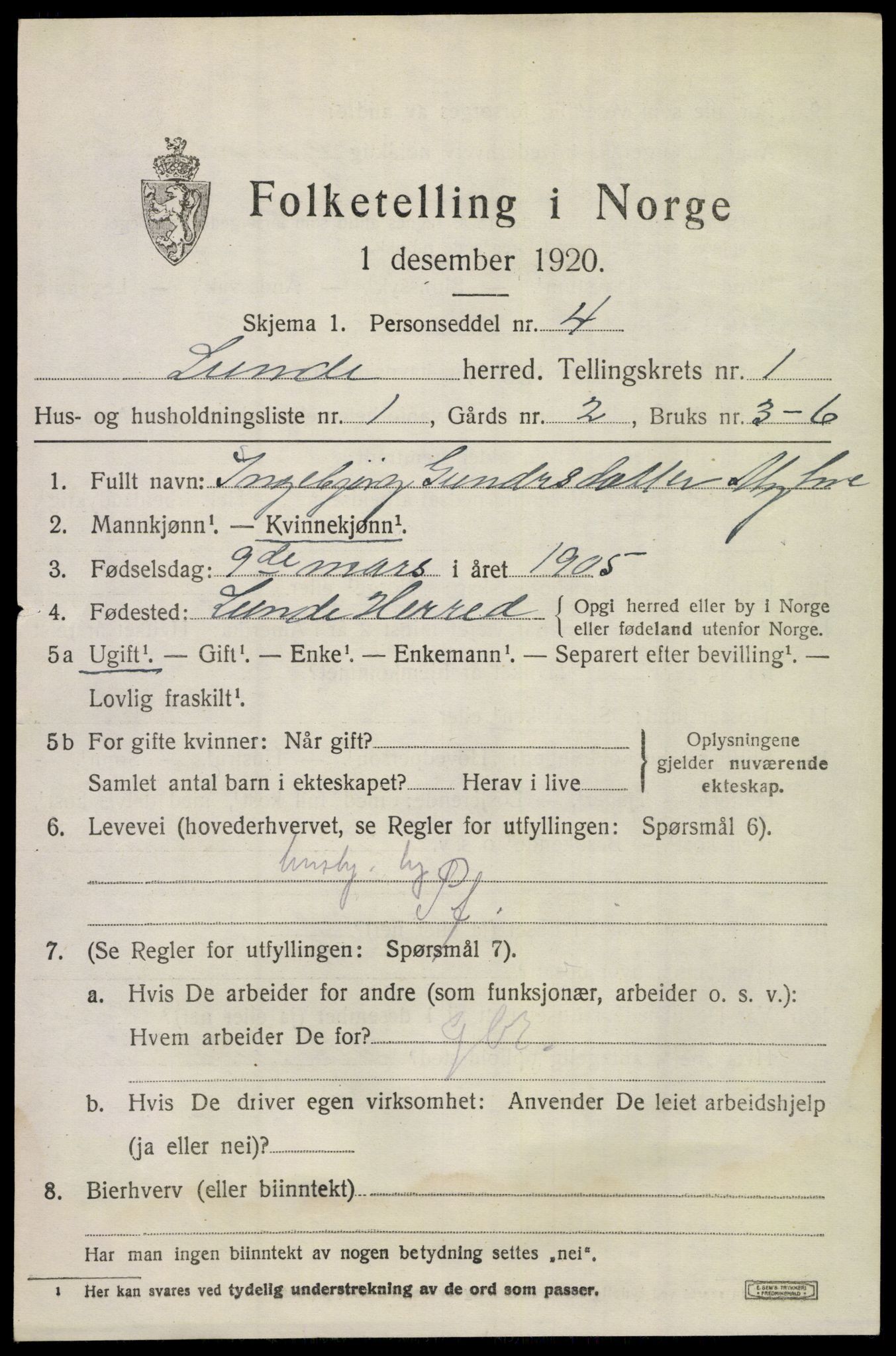 SAKO, 1920 census for Lunde, 1920, p. 1033