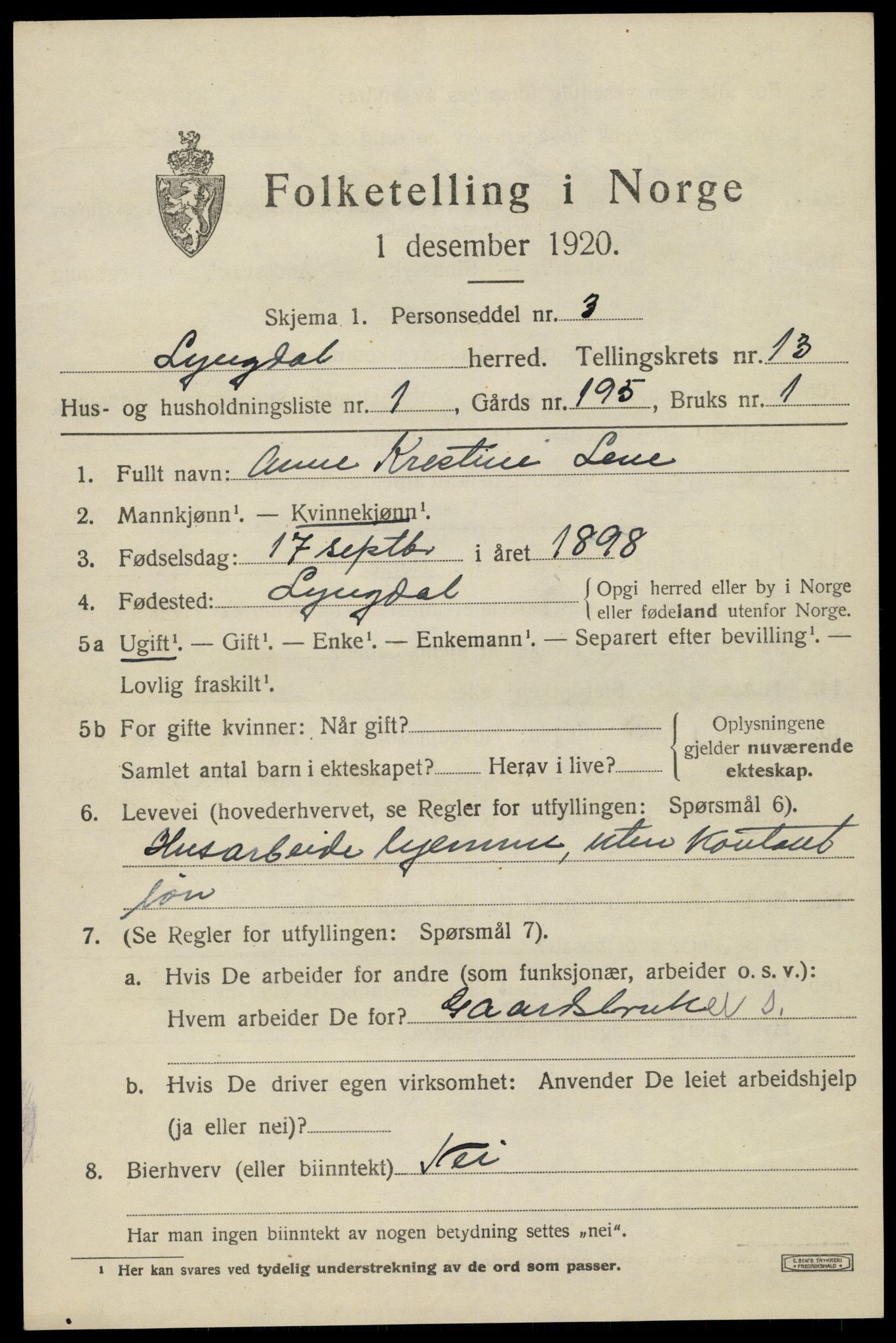 SAK, 1920 census for Lyngdal, 1920, p. 5831