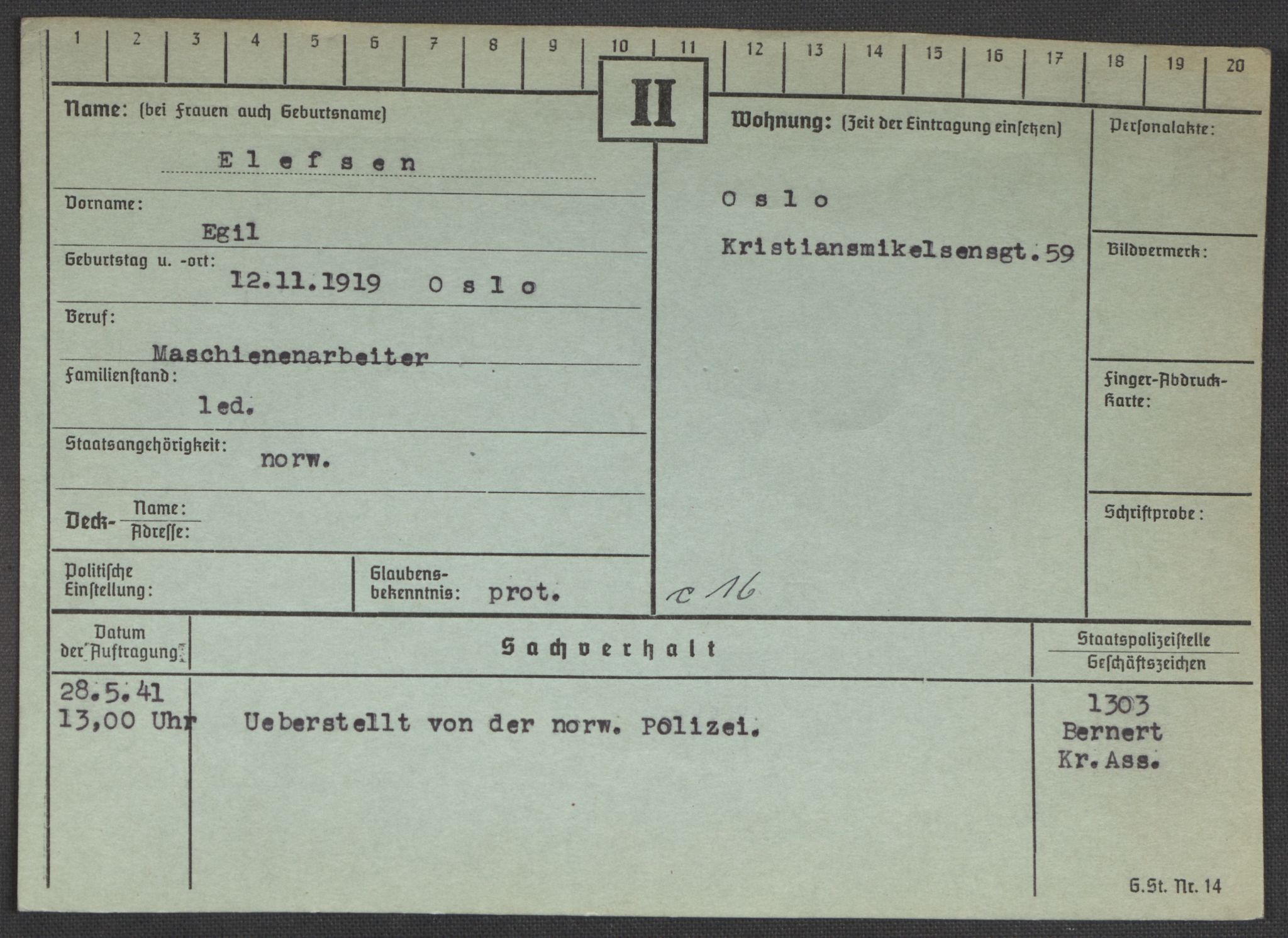 Befehlshaber der Sicherheitspolizei und des SD, RA/RAFA-5969/E/Ea/Eaa/L0002: Register over norske fanger i Møllergata 19: Bj-Eng, 1940-1945, p. 1289
