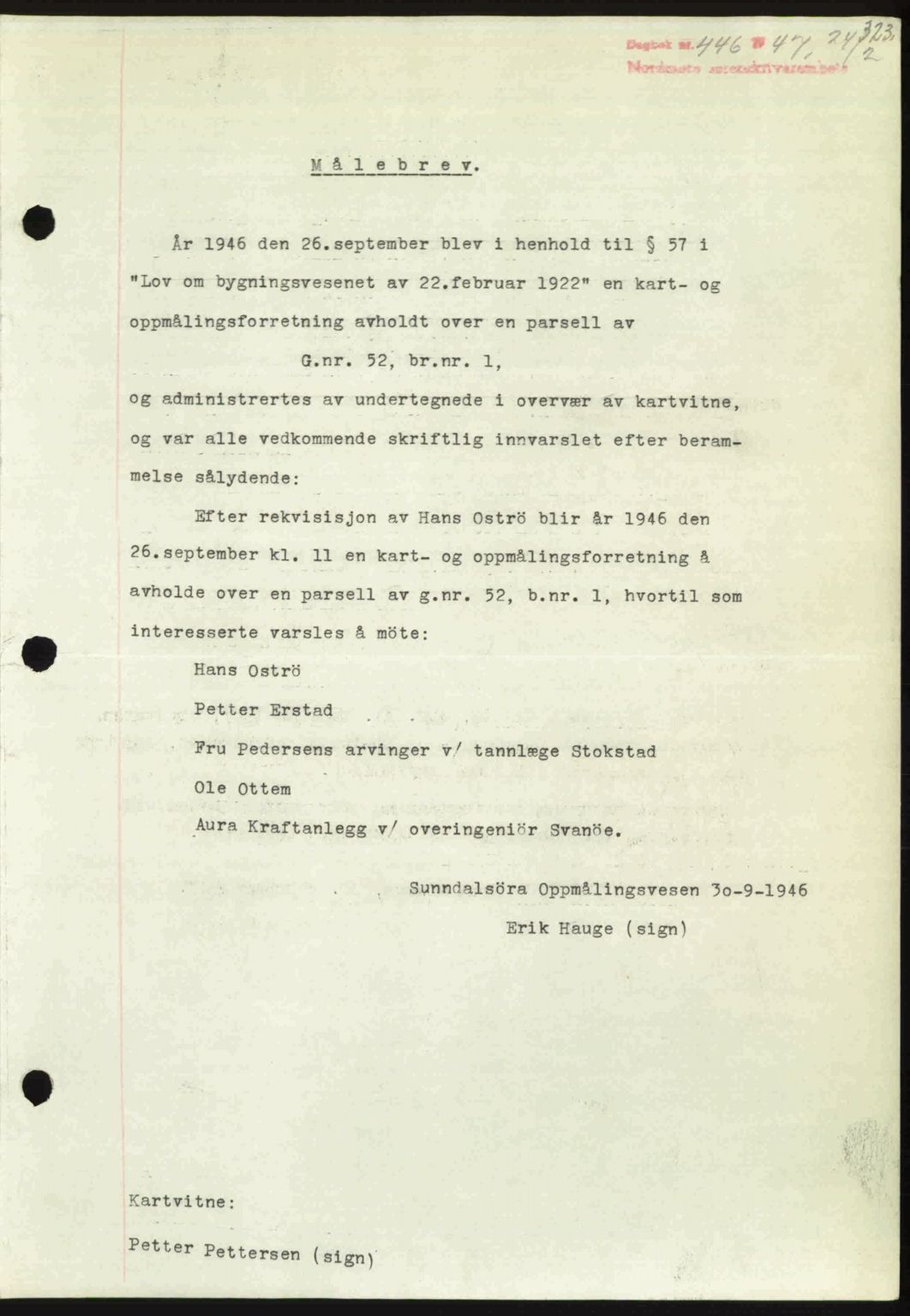 Nordmøre sorenskriveri, AV/SAT-A-4132/1/2/2Ca: Mortgage book no. A104, 1947-1947, Diary no: : 446/1947