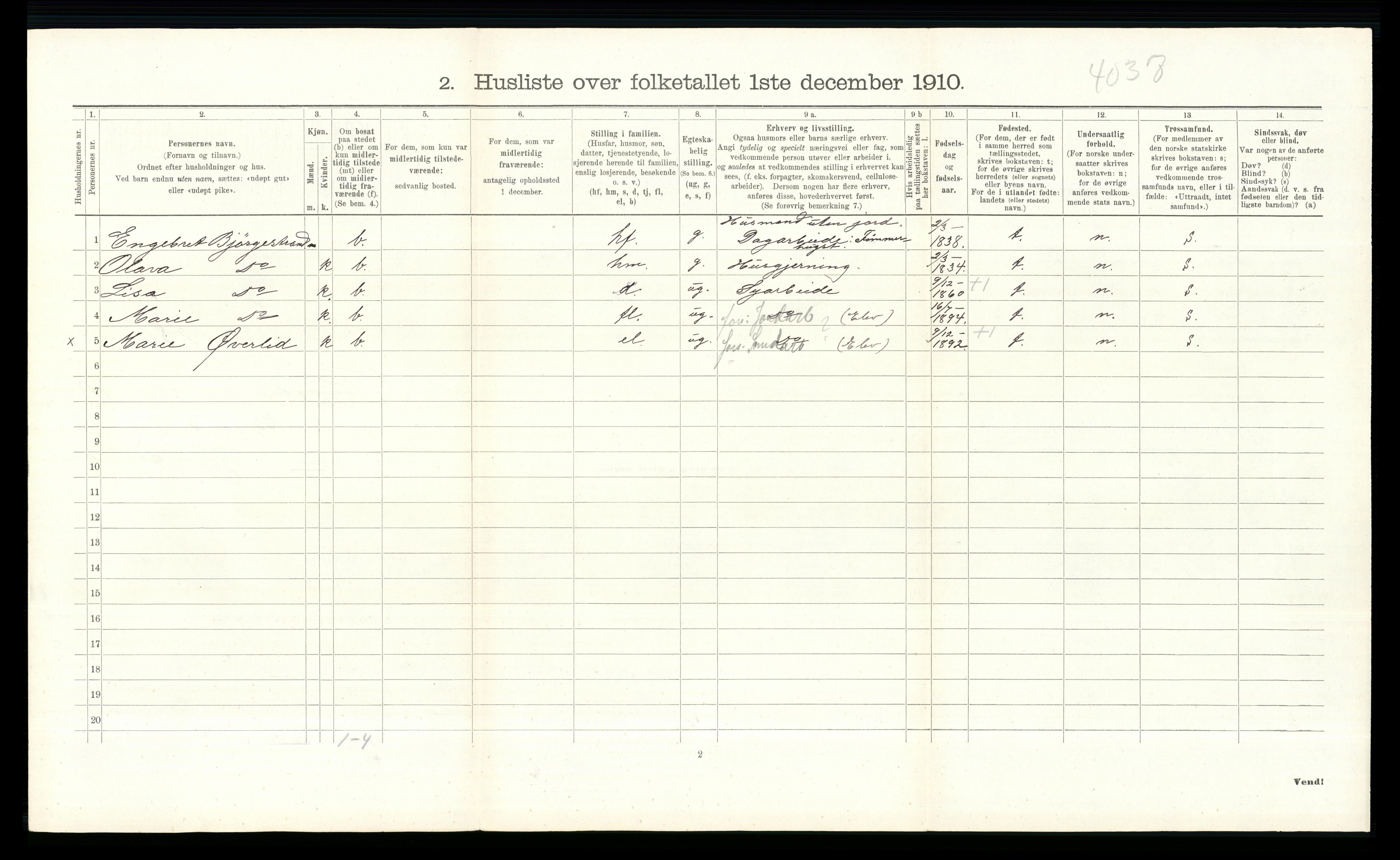 RA, 1910 census for Ringebu, 1910, p. 1507