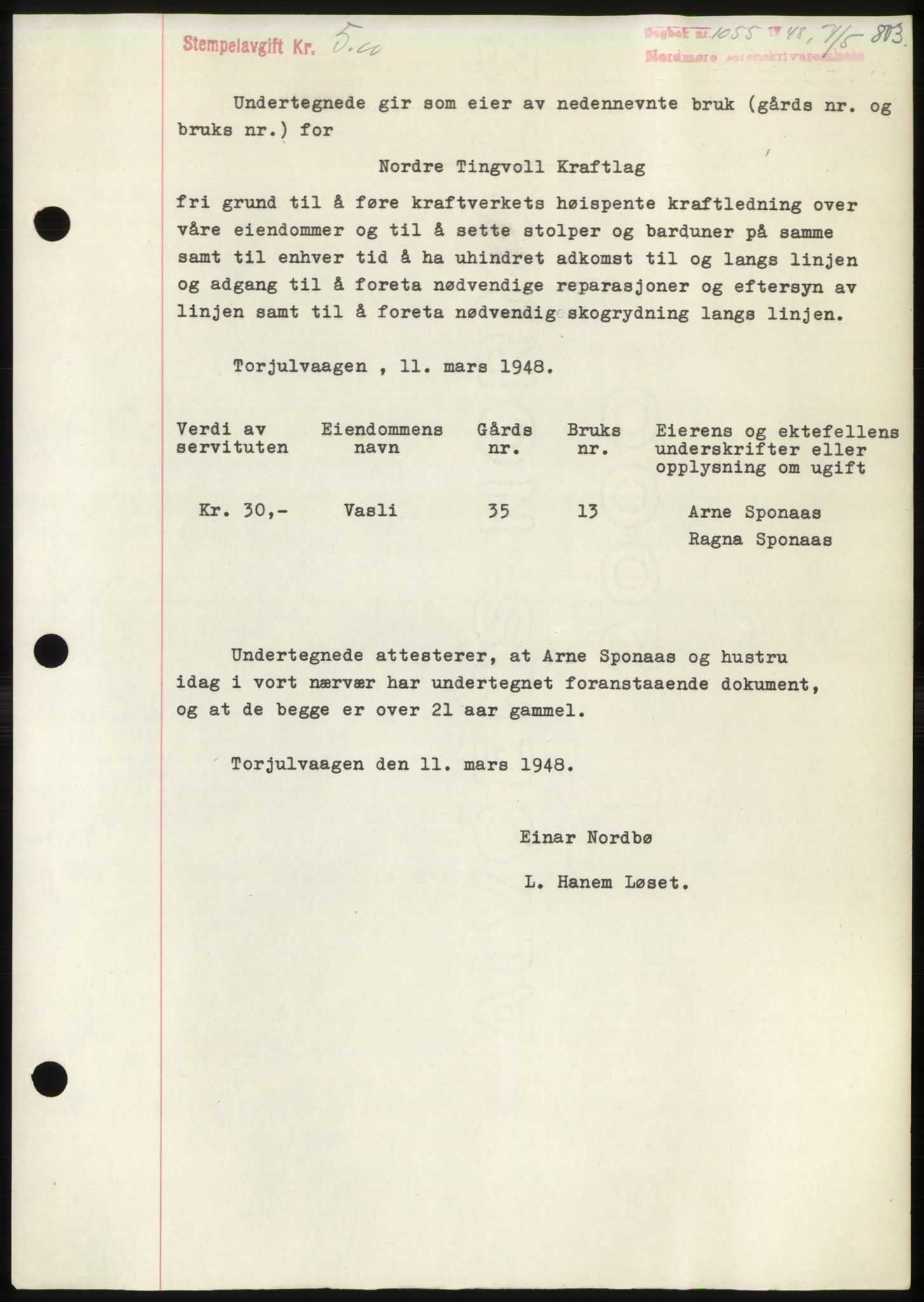 Nordmøre sorenskriveri, AV/SAT-A-4132/1/2/2Ca: Mortgage book no. B98, 1948-1948, Diary no: : 1055/1948