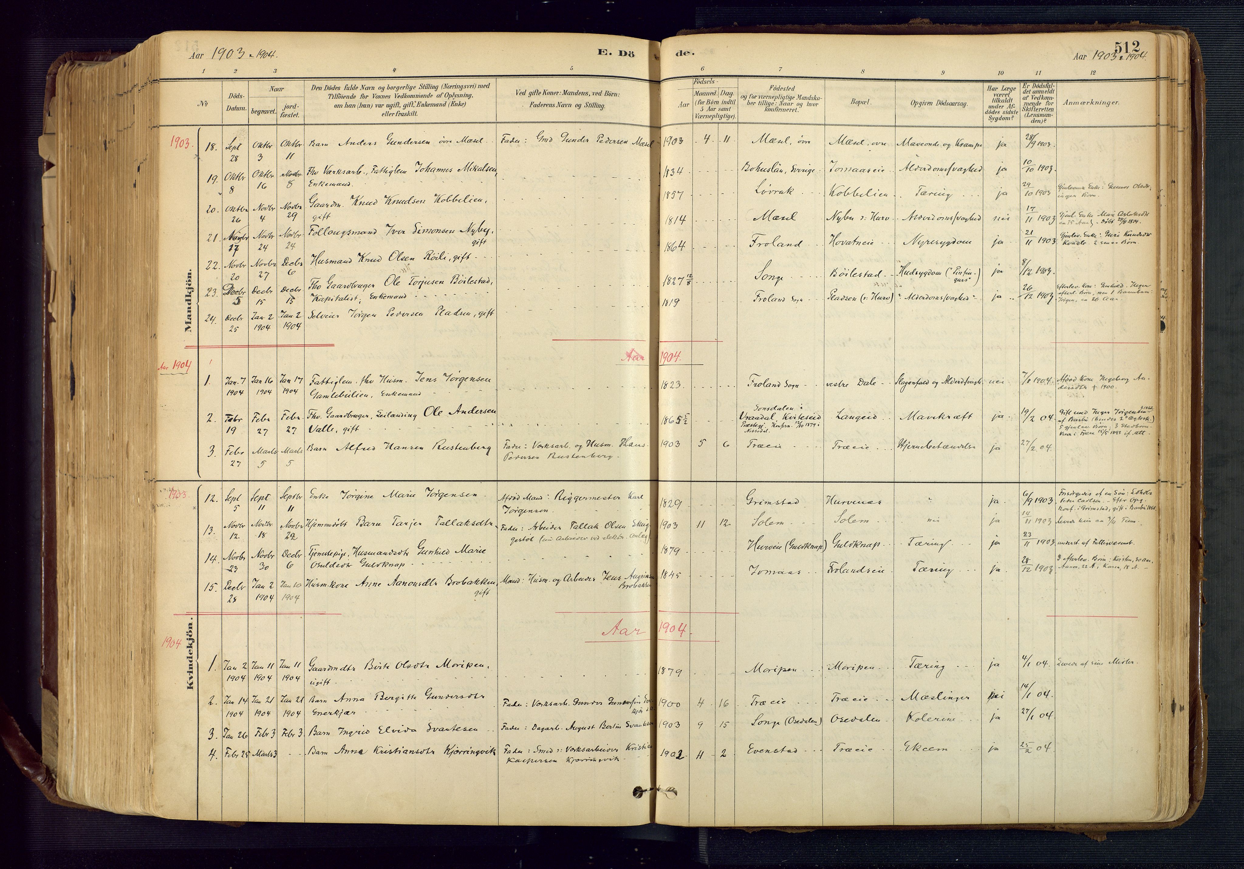 Froland sokneprestkontor, SAK/1111-0013/F/Fa/L0005: Parish register (official) no. A 5, 1882-1921, p. 512