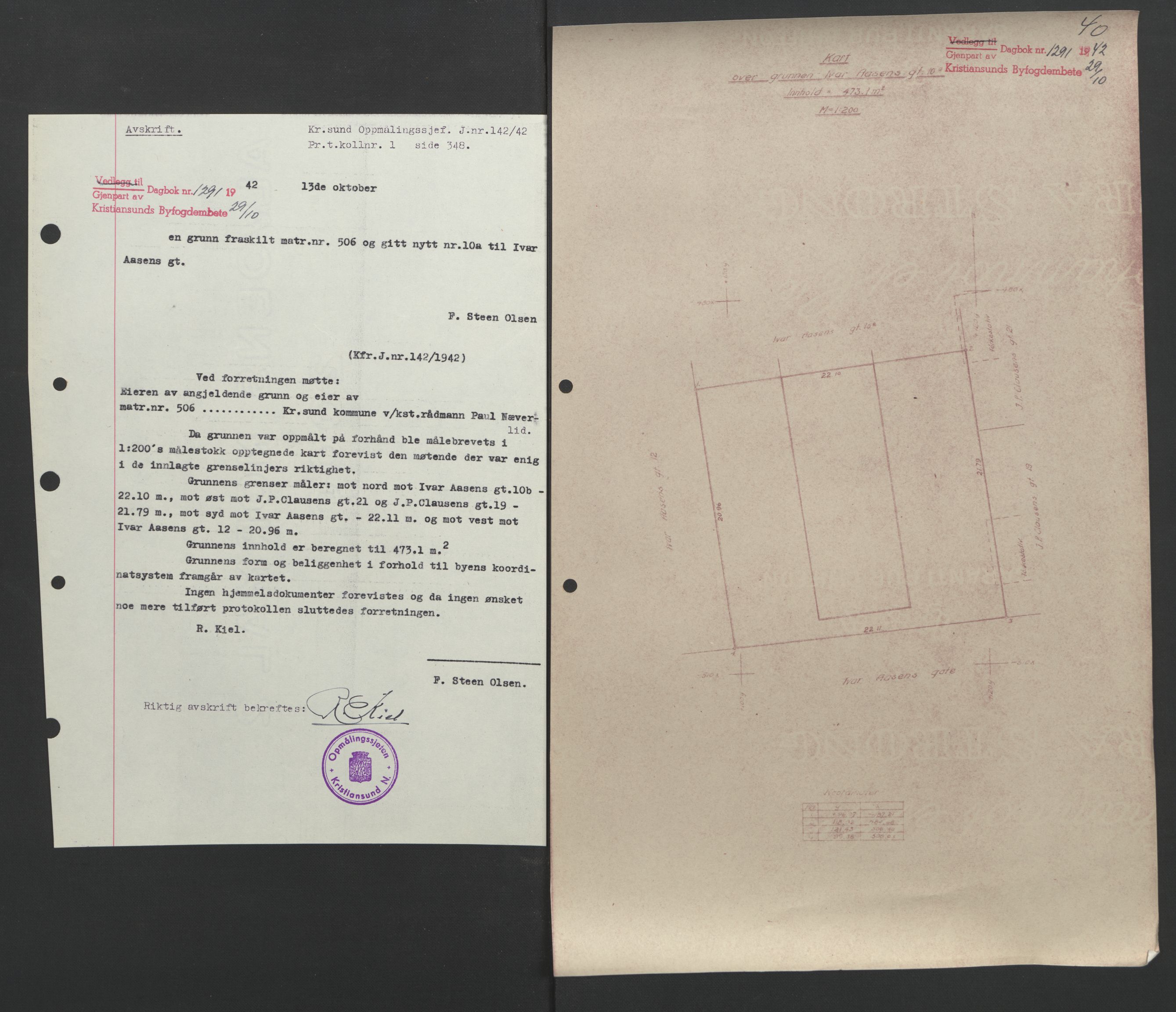 Kristiansund byfogd, AV/SAT-A-4587/A/27: Mortgage book no. 37, 1942-1945, Diary no: : 1291/1942