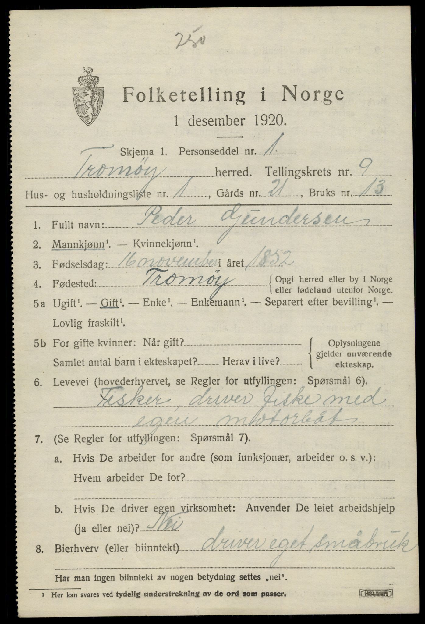 SAK, 1920 census for Tromøy, 1920, p. 5867