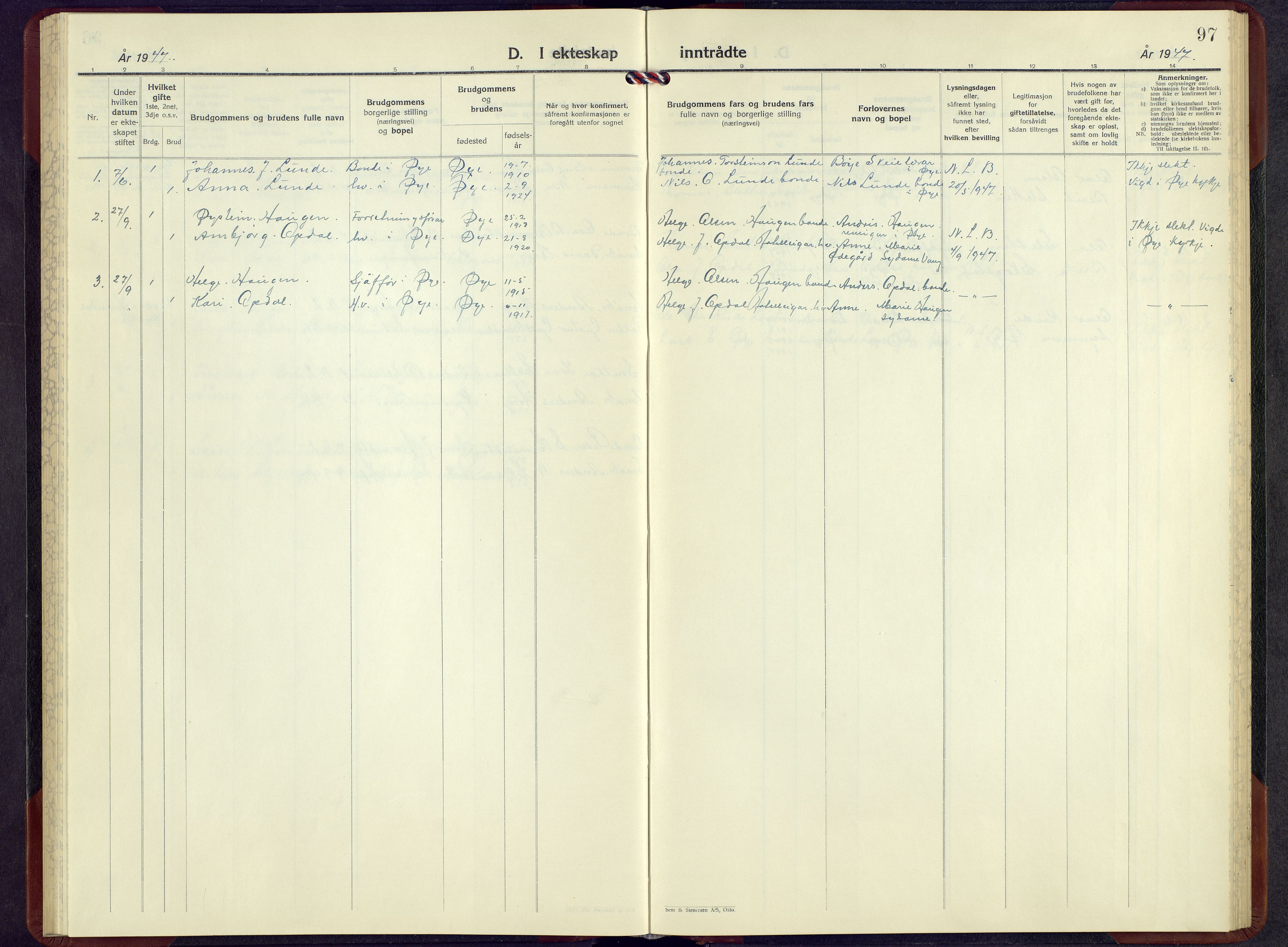 Vang prestekontor, Valdres, AV/SAH-PREST-140/H/Hb/L0010: Parish register (copy) no. 10, 1945-1966, p. 97