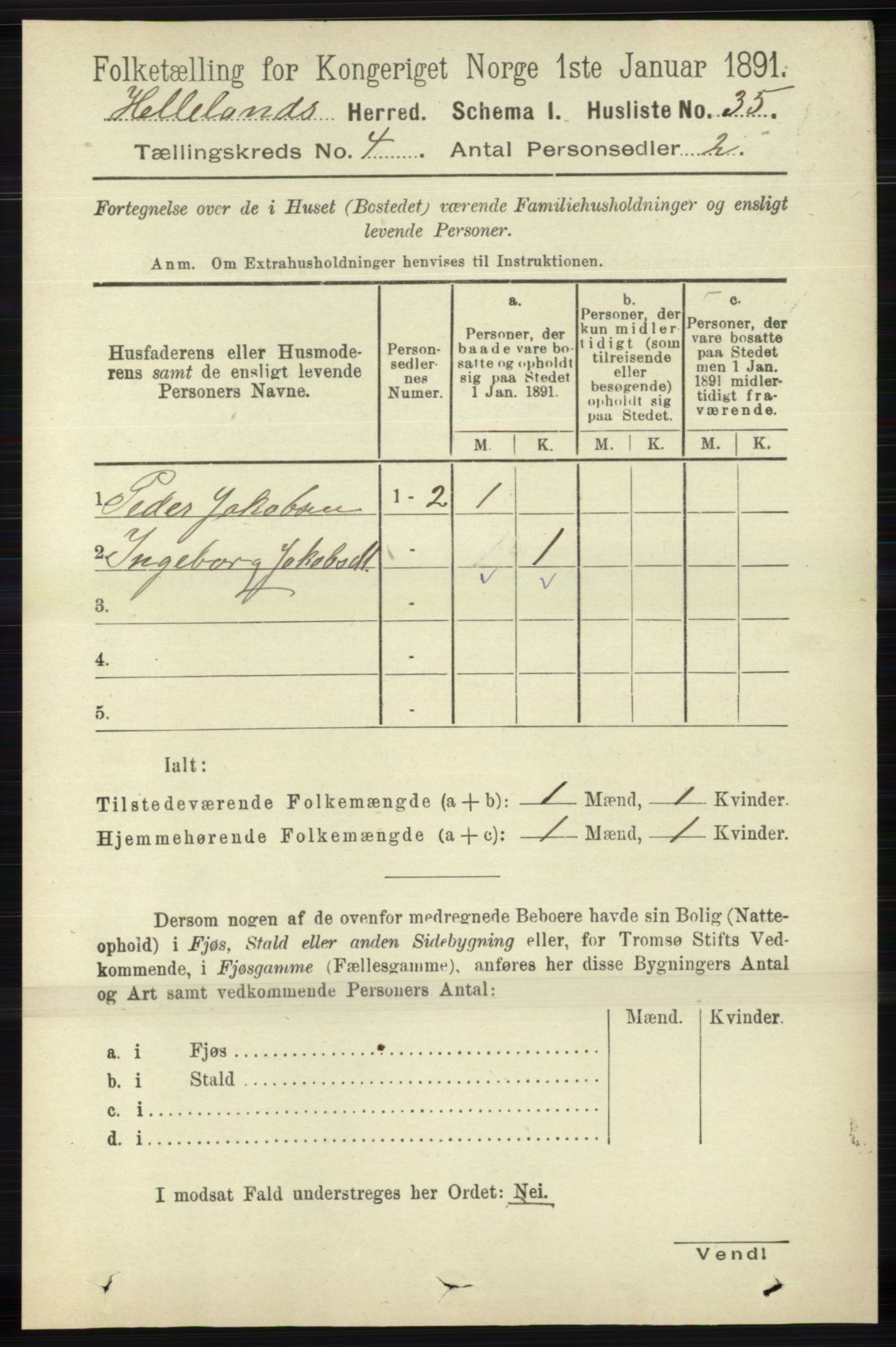 RA, 1891 census for 1115 Helleland, 1891, p. 1146