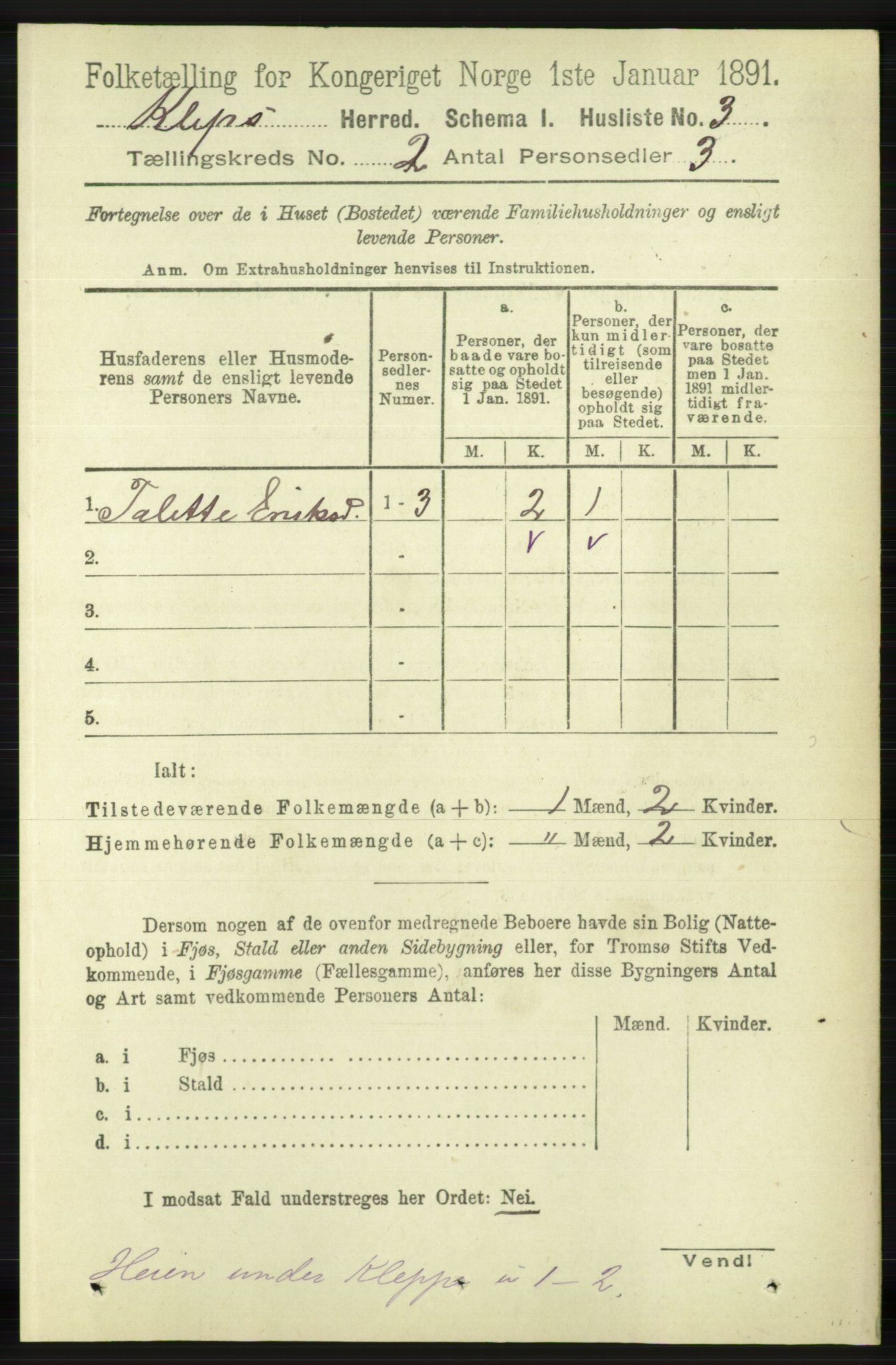 RA, 1891 census for 1120 Klepp, 1891, p. 311