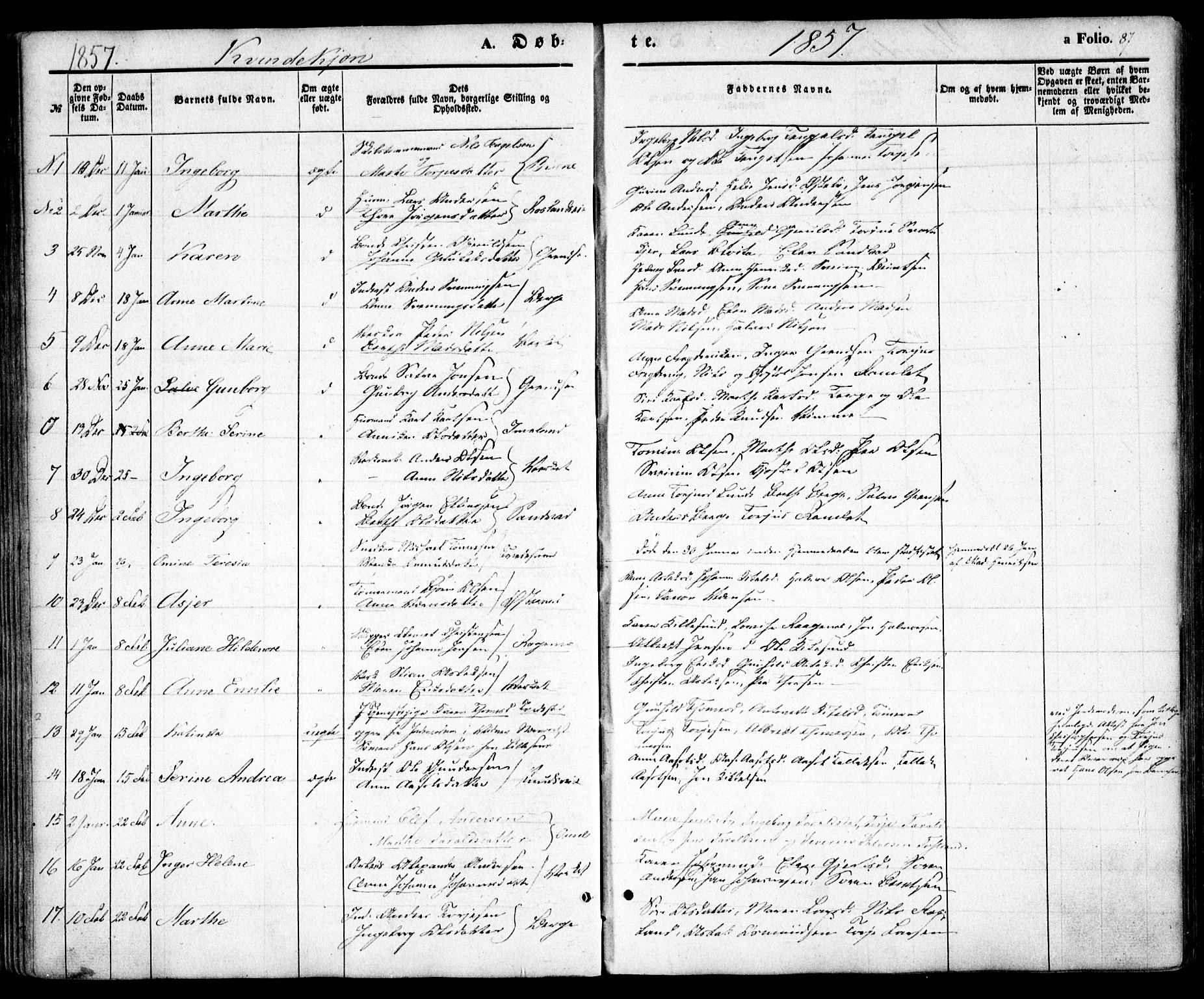 Holt sokneprestkontor, SAK/1111-0021/F/Fa/L0008: Parish register (official) no. A 8, 1849-1860, p. 87