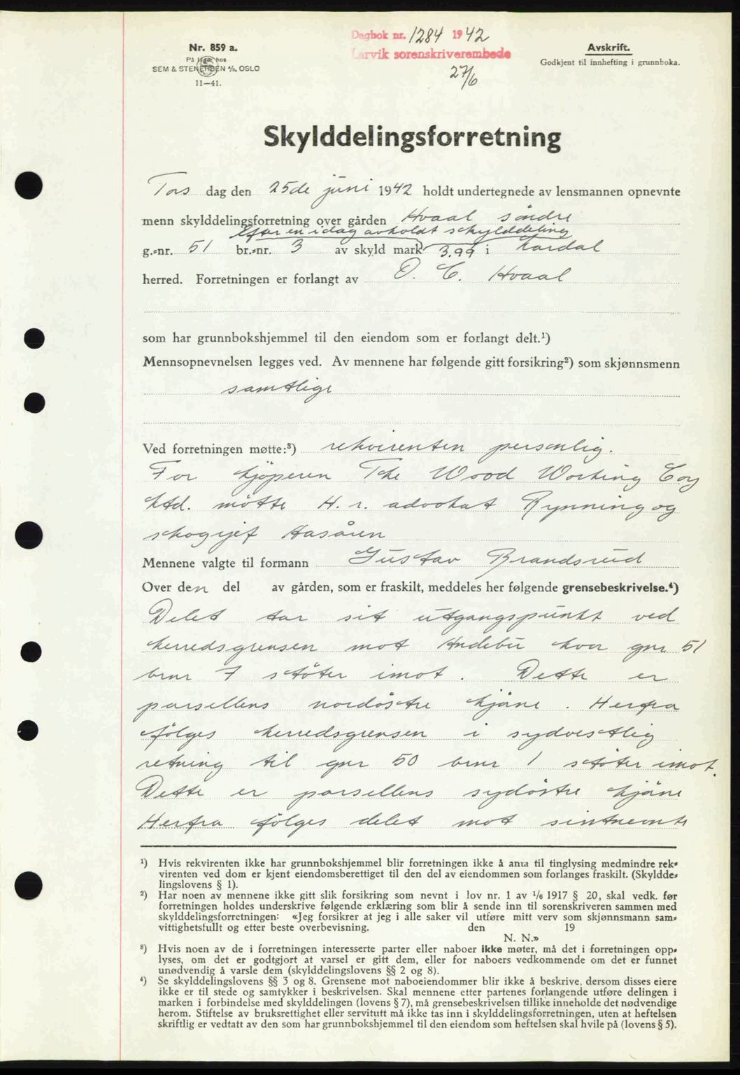 Larvik sorenskriveri, AV/SAKO-A-83/G/Ga/Gab/L0076: Mortgage book no. A-10, 1942-1943, Diary no: : 1284/1942